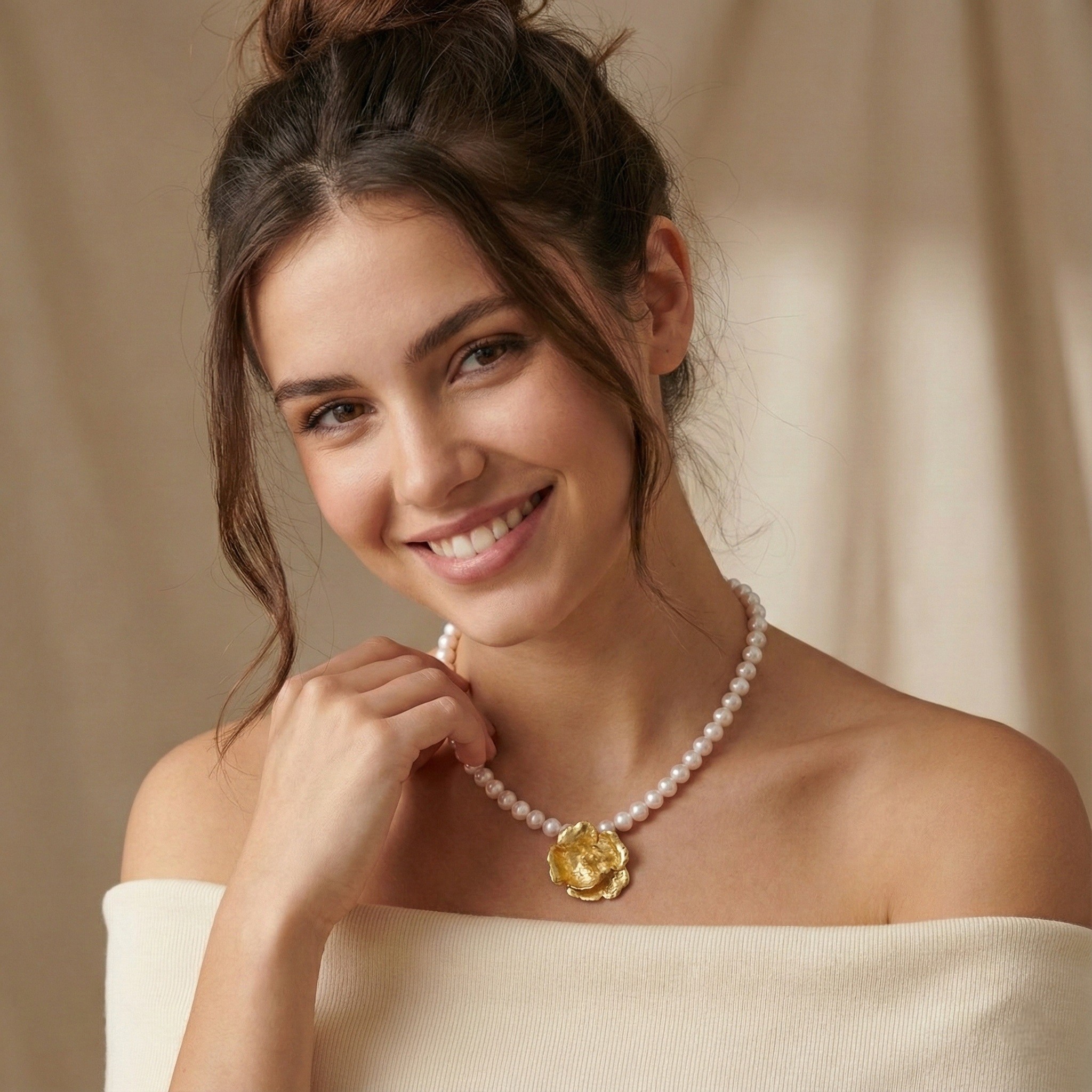 Flowery Collection, Engraved Big Flower With White Pearls Necklace