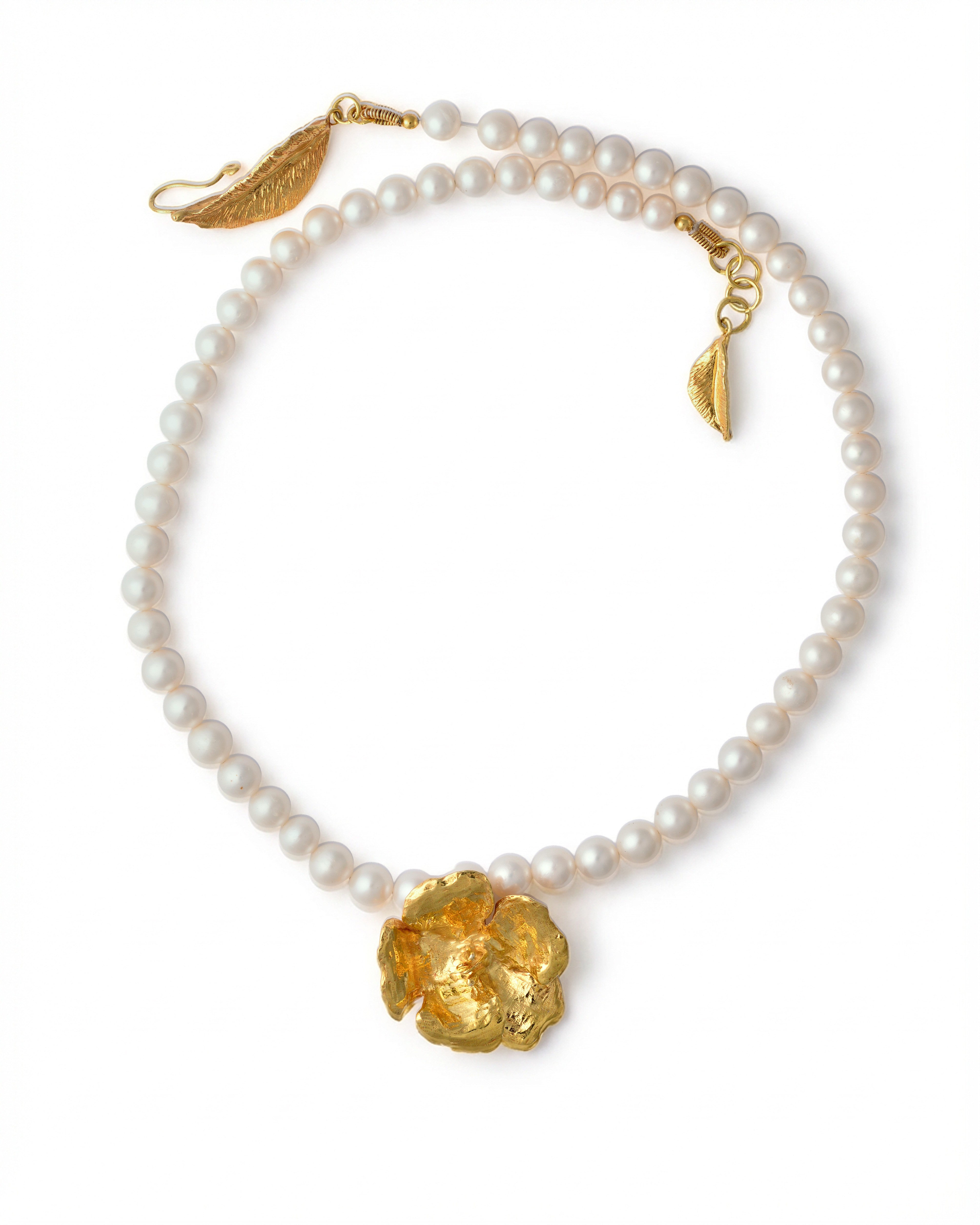 Flowery Collection, Engraved Big Flower With White Pearls Necklace