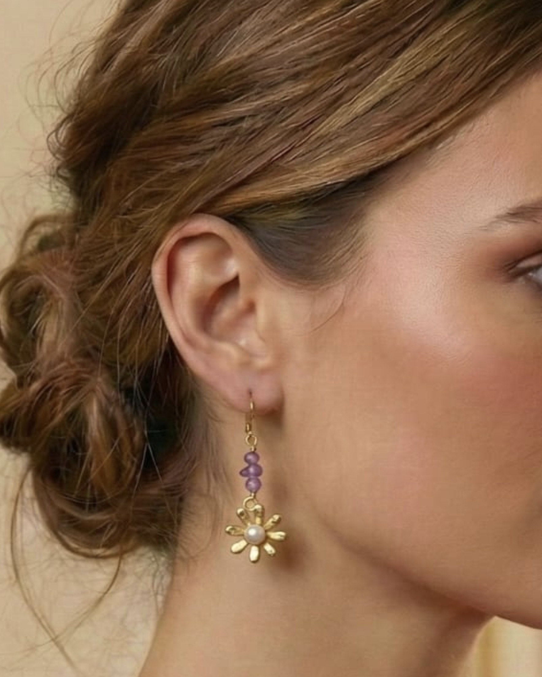 Minimal Flowery Collection, Daisies Flower With Pearls & Amethyst Hook Earrings