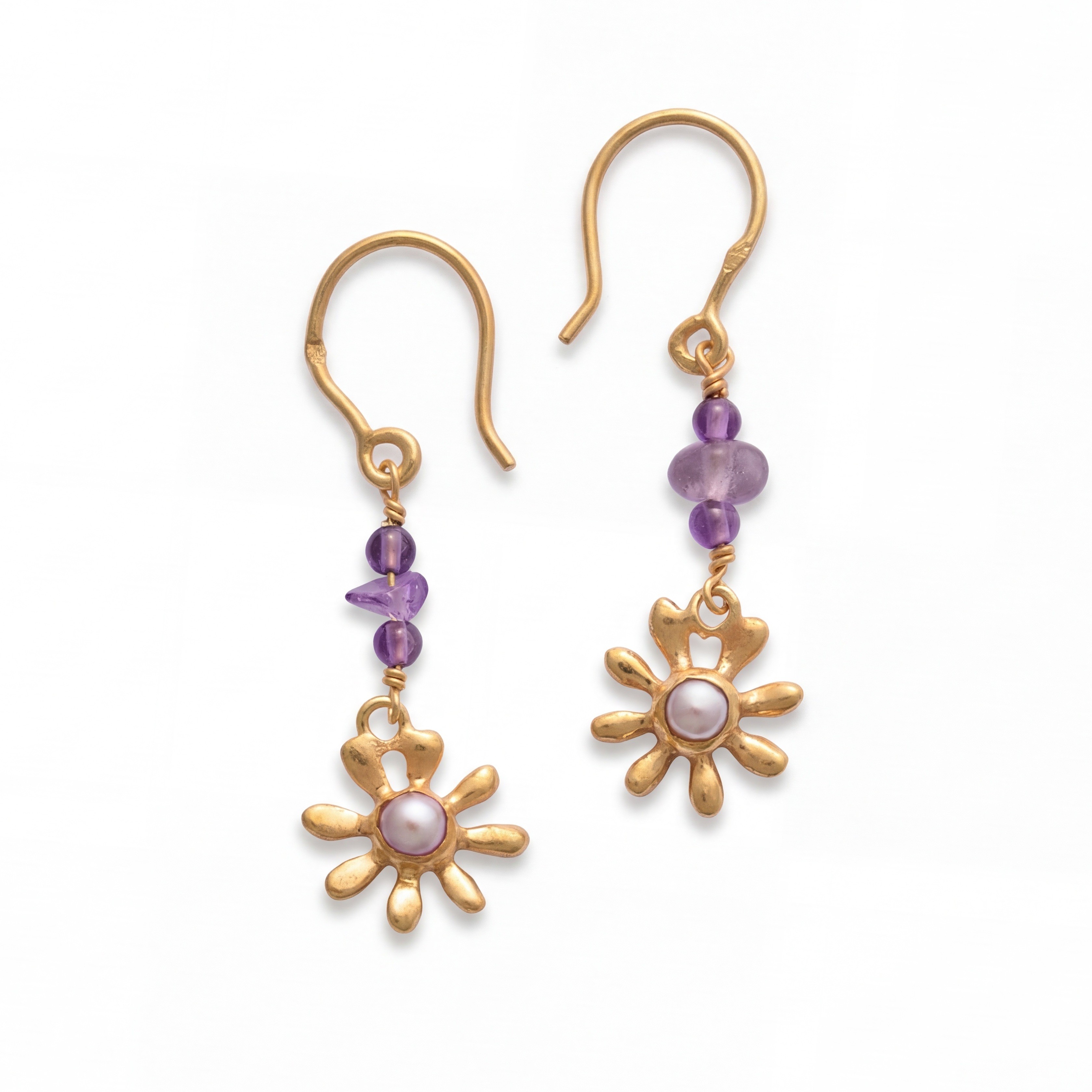 Minimal Flowery Collection, Daisies Flower With Pearls & Amethyst Hook Earrings