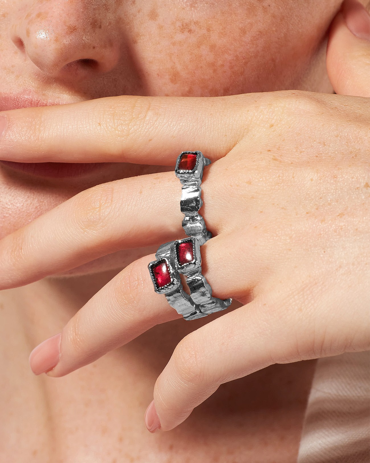 Handmade Organic Square Ring with Garnet