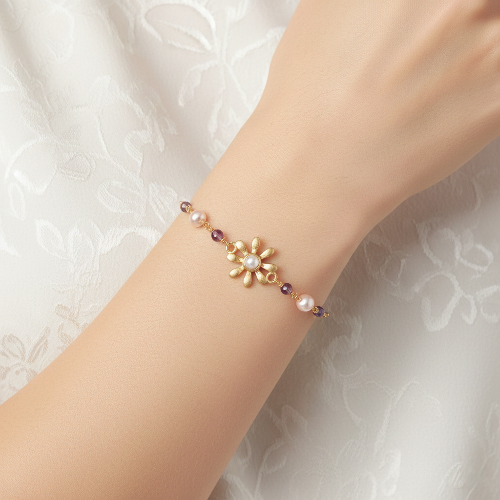 Minimal Flowery Collection, Daisies Flower With Pearls & Amethyst Stones Chain Bracelet