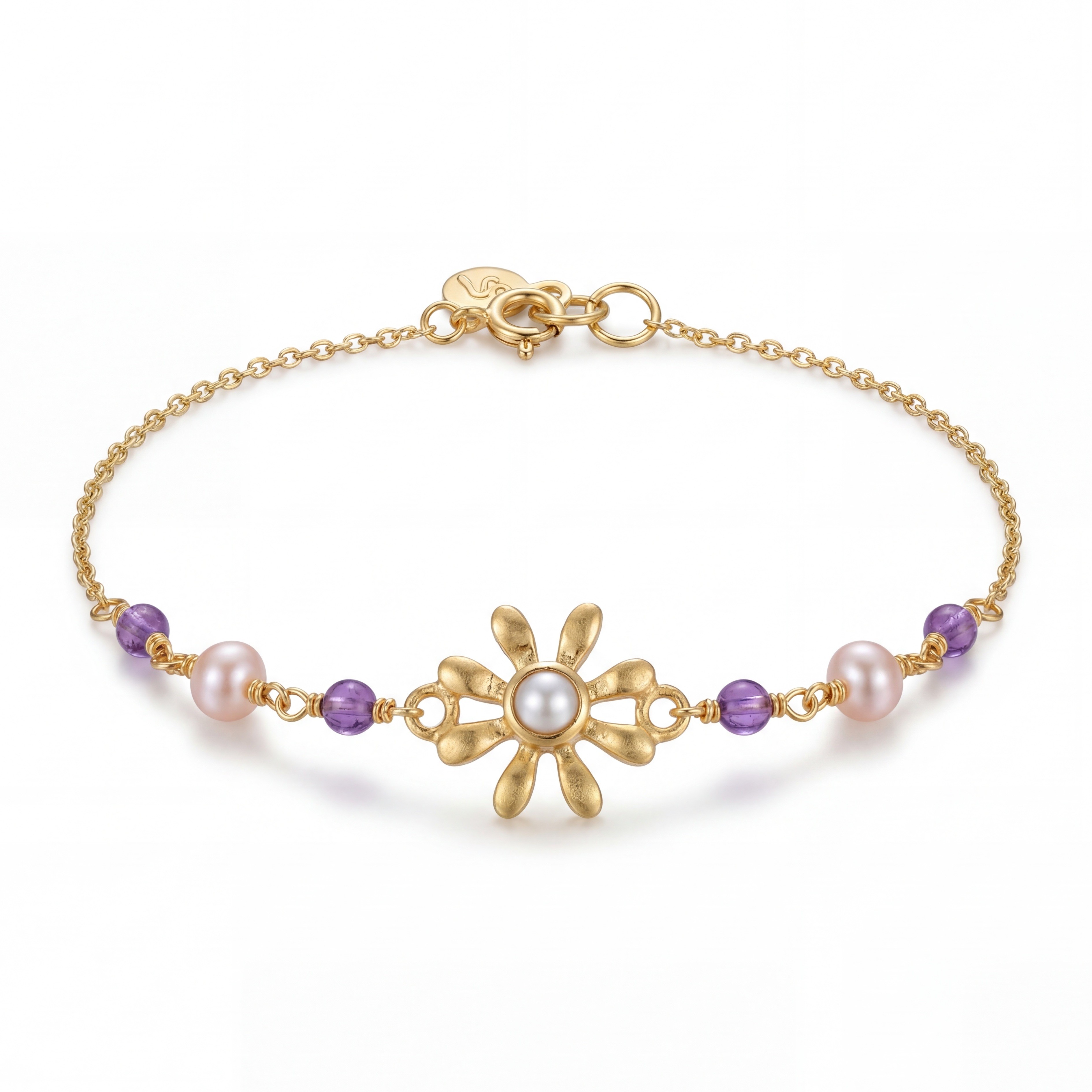 Minimal Flowery Collection, Daisies Flower With Pearls & Amethyst Stones Chain Bracelet