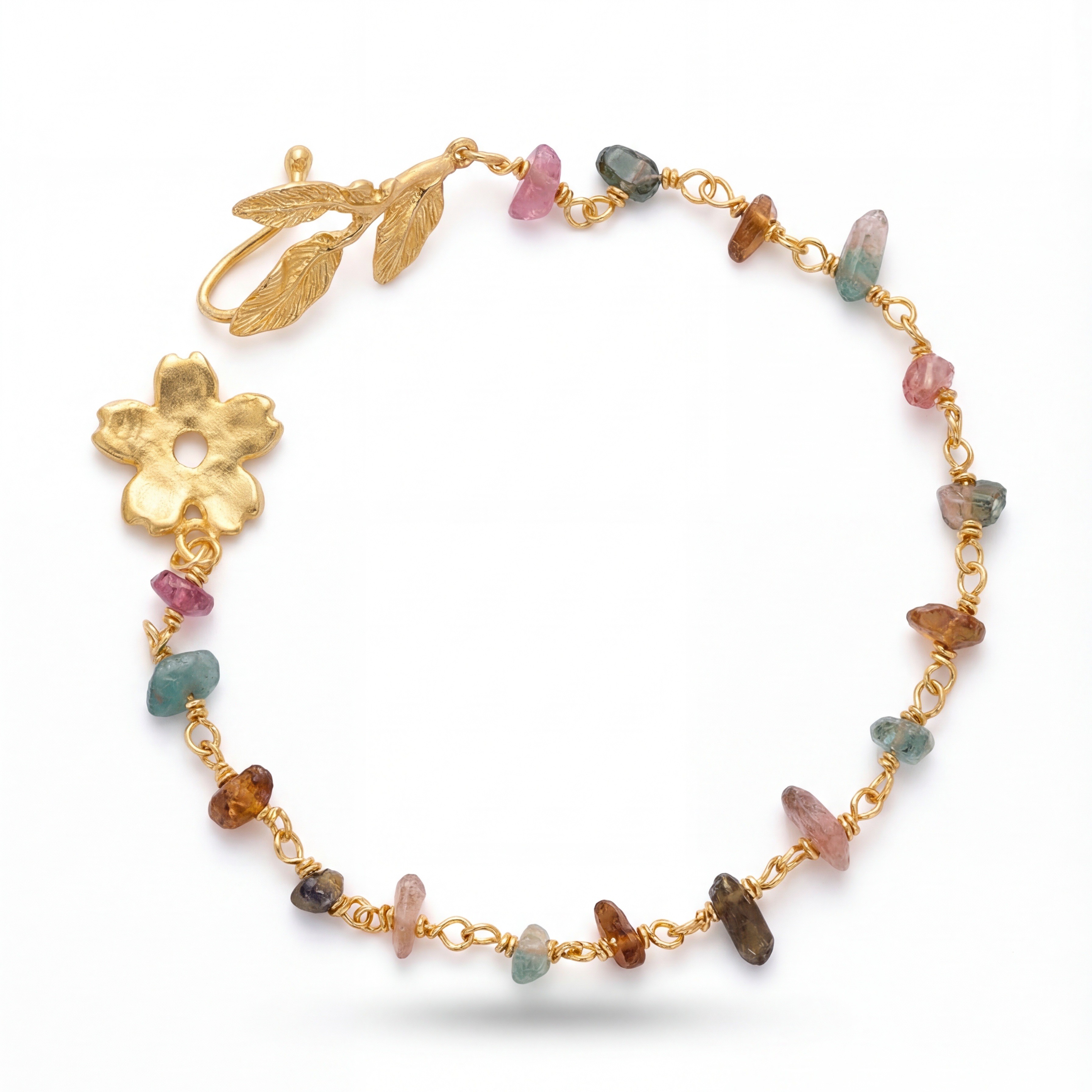 Flowery Collection, Flower & Leaves With Tourmaline Wire Bracelet