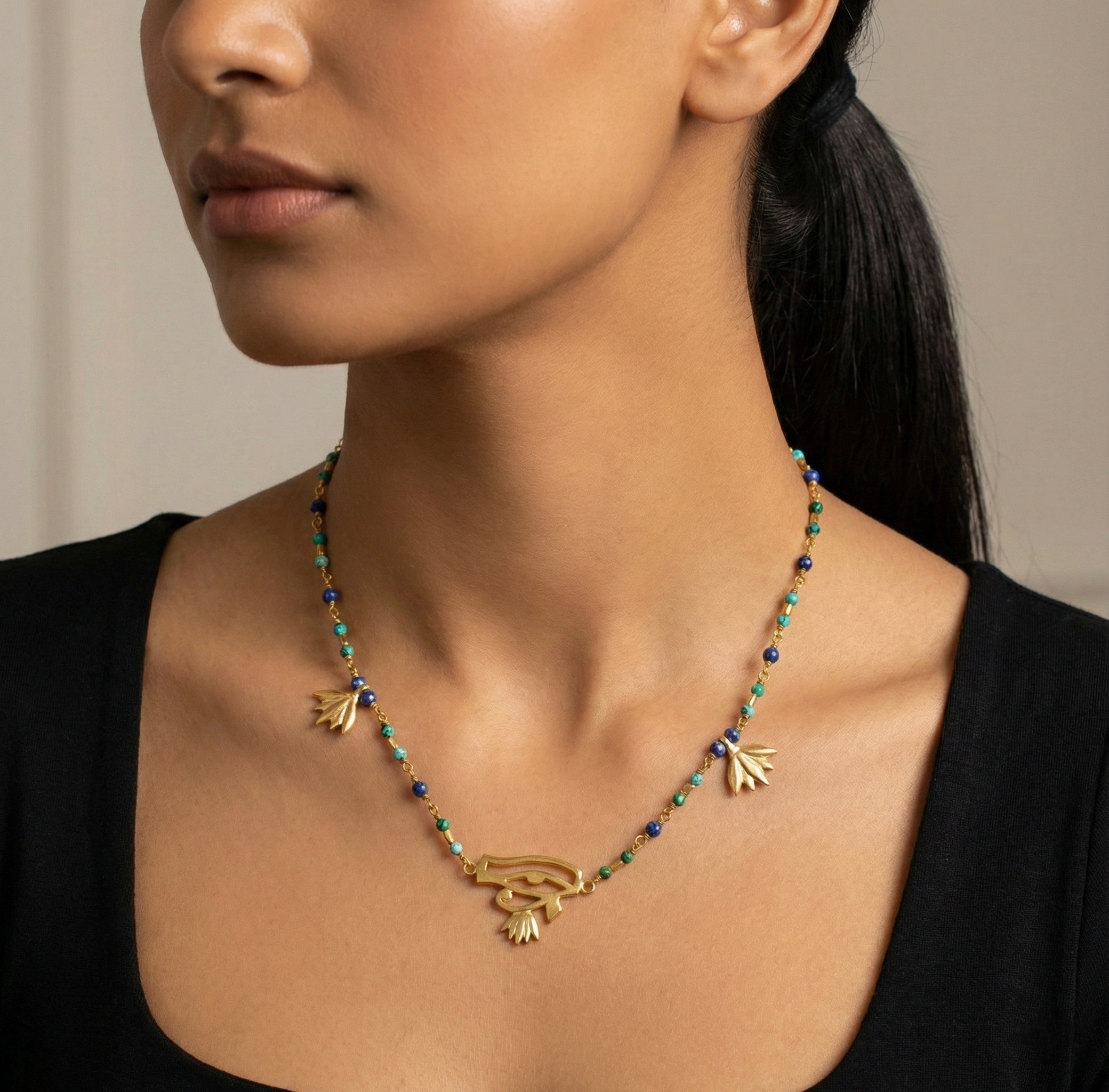 Pharaonic Collection, Horus Eye & Small Lotus with Turquoise & Lapis Necklace