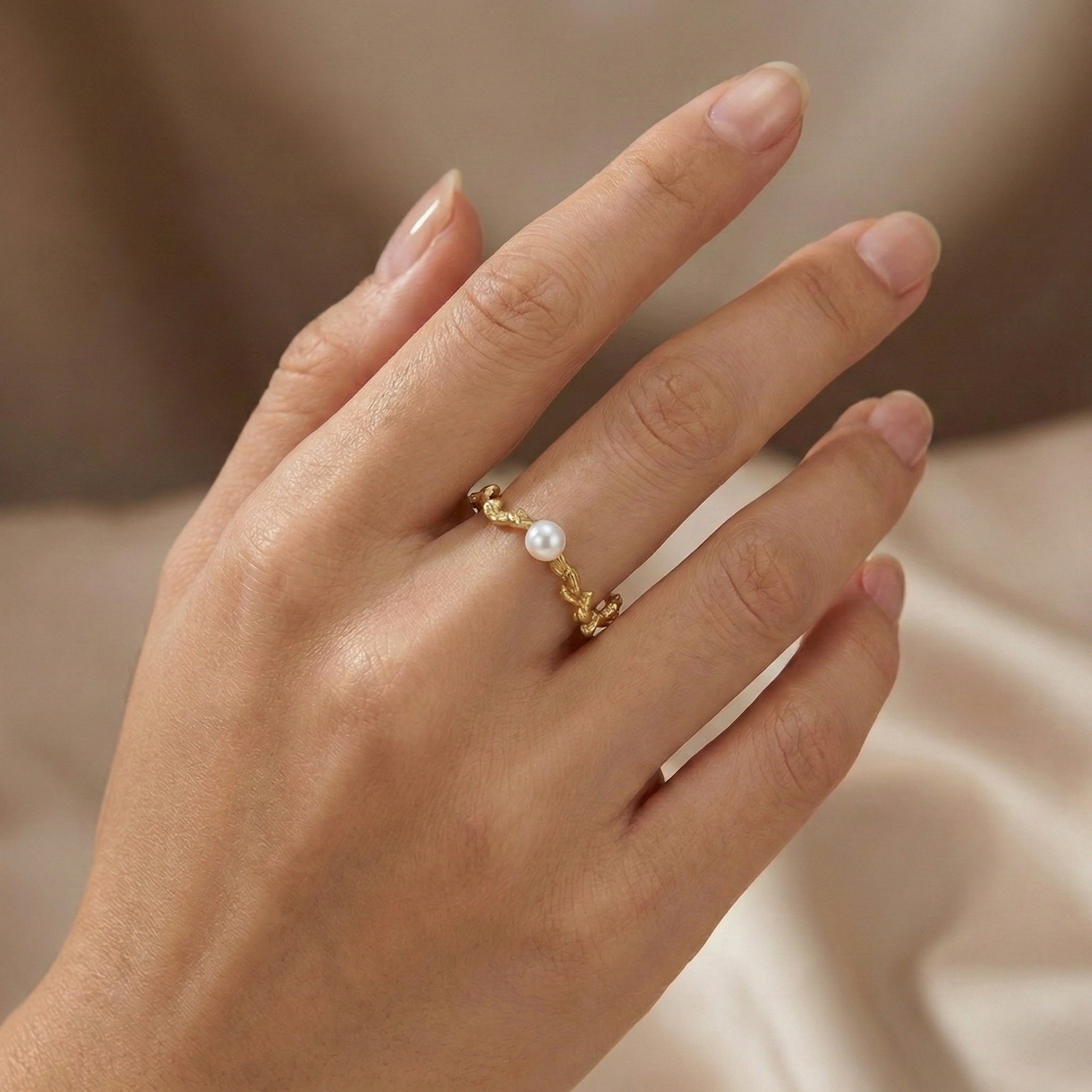Essential Collection, Organic Free Beads Ring With White Pearl