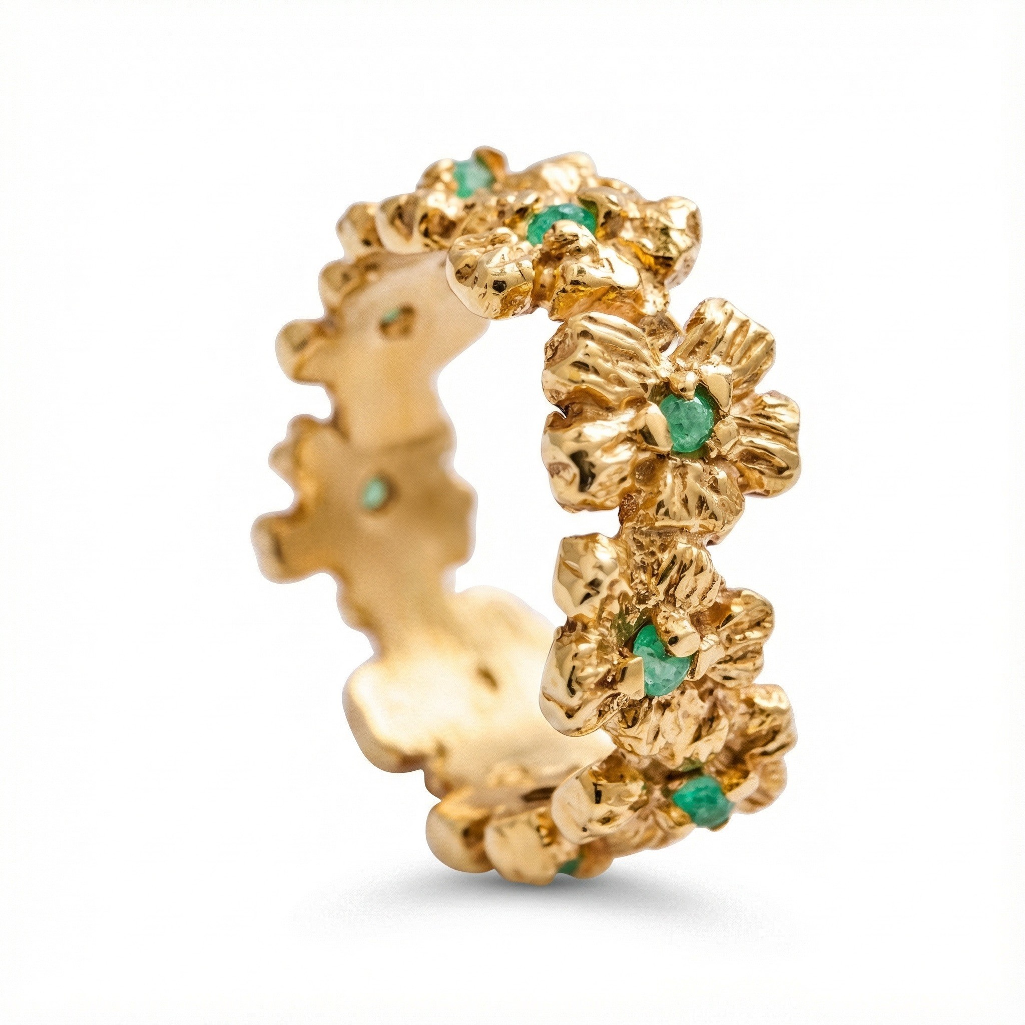 Flowery Collection, Engraved Flowers, With Emerald Stones, Adjustable Band Ring