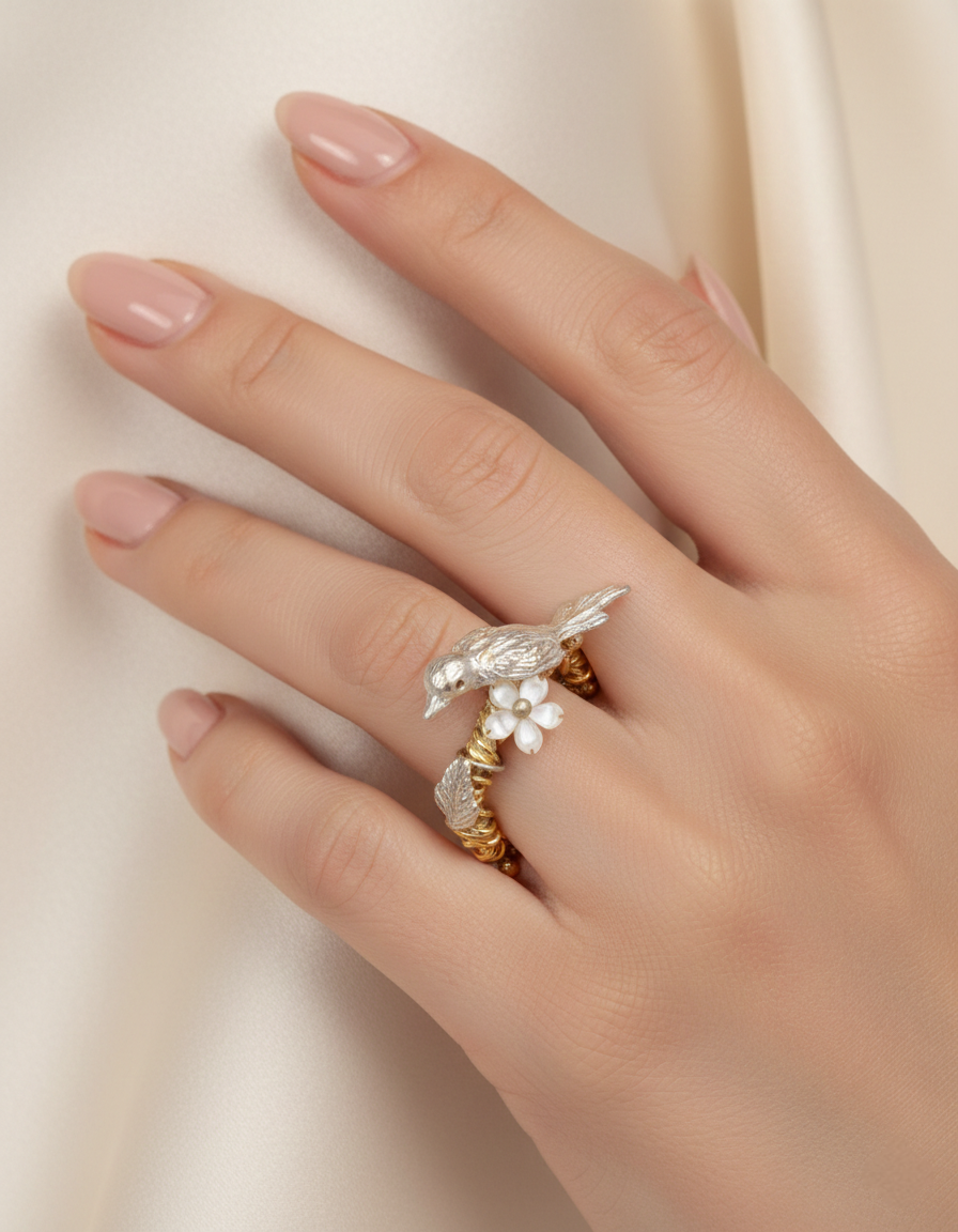 Flowery Collection, Bird Nest & White Mother Of Pearl Flower Ring