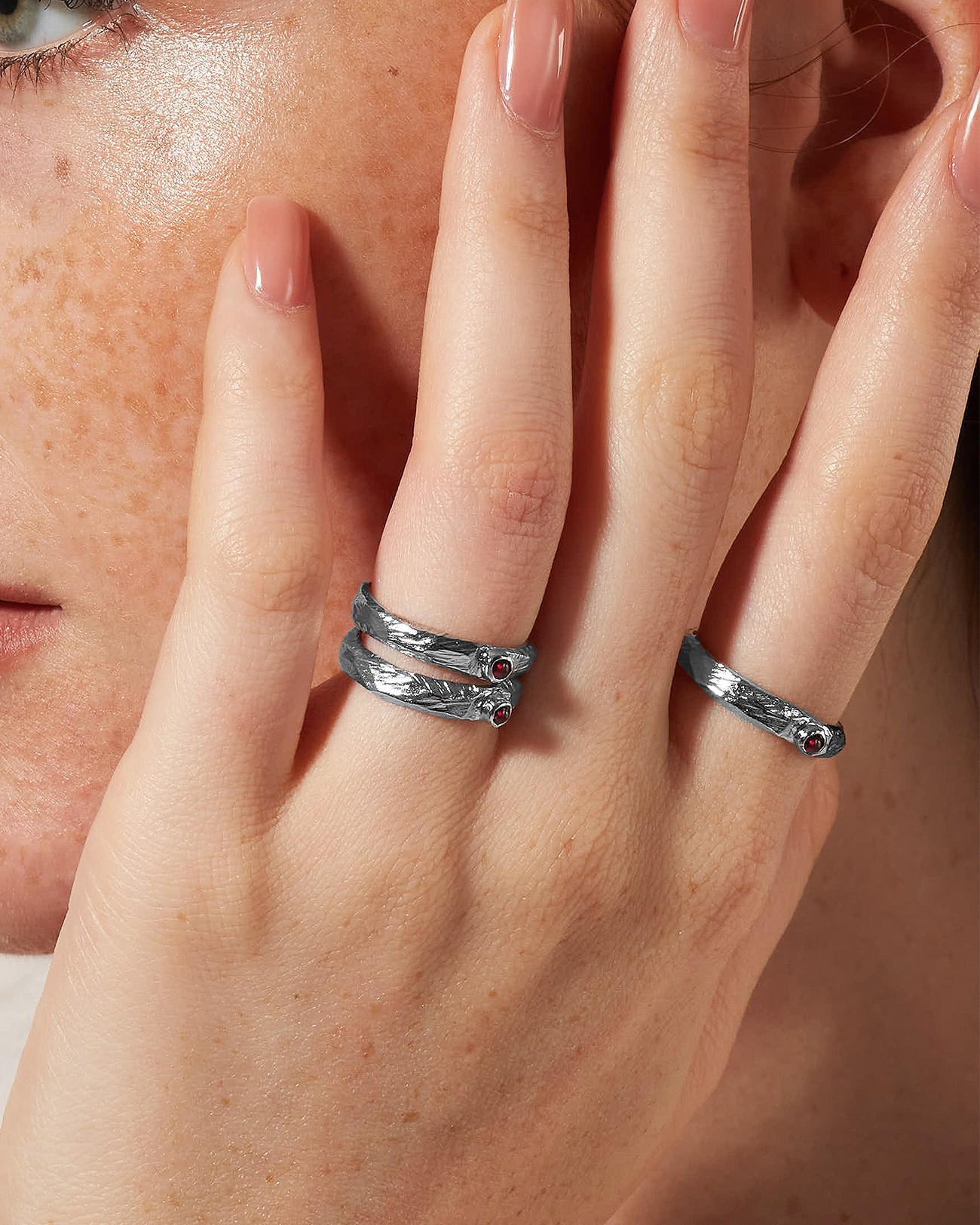 Handmade Organic Textured Ring with Garnet