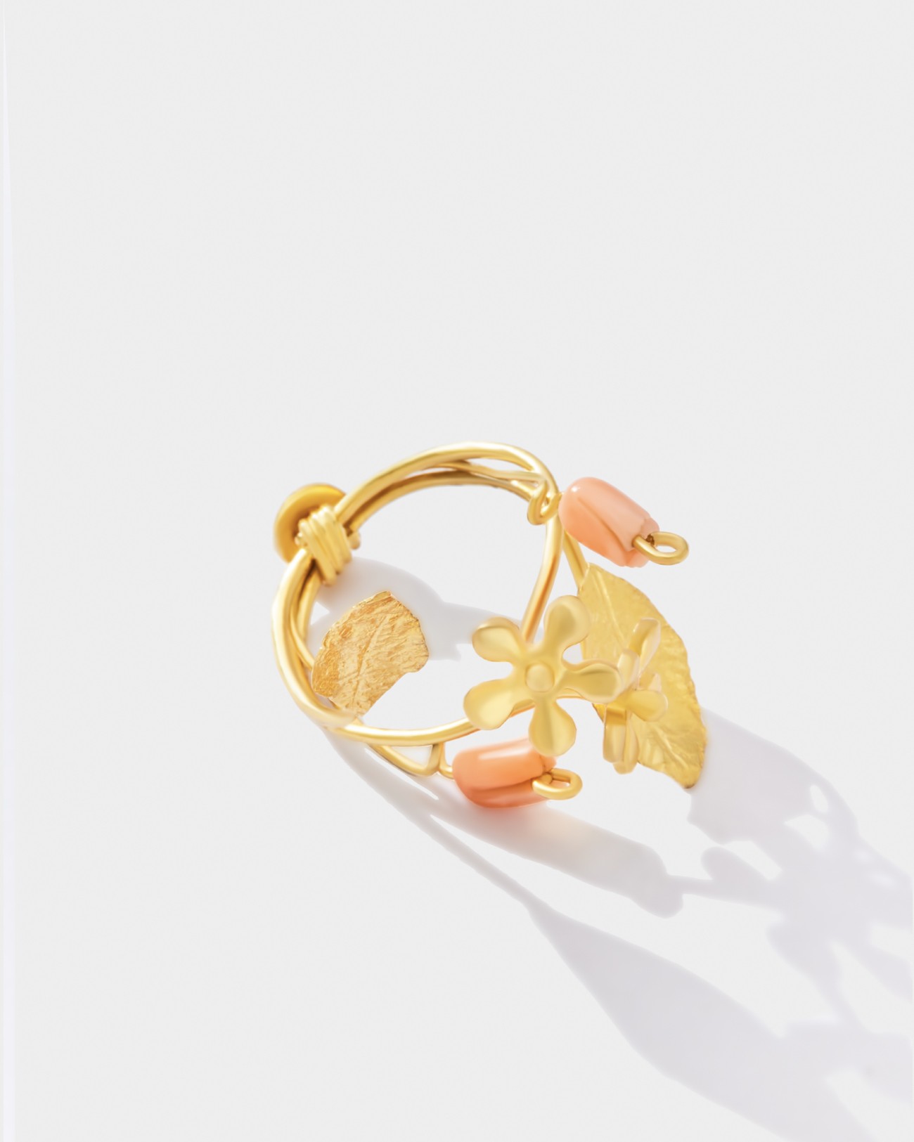 Handmade Flowery Ring With Rose Coral Flowers Silvery Jewelry