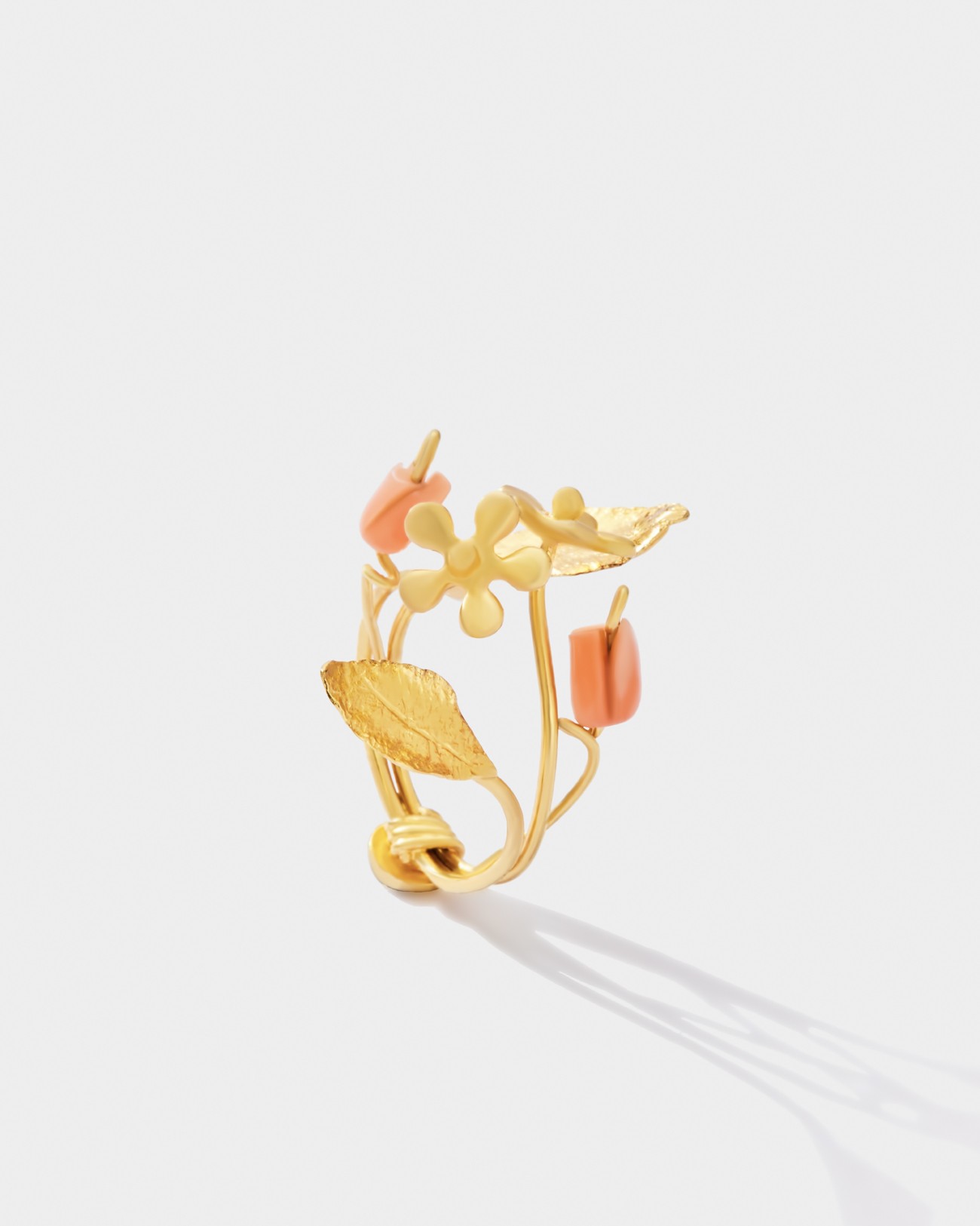 Handmade Flowery Ring With Rose Coral Flowers Silvery Jewelry
