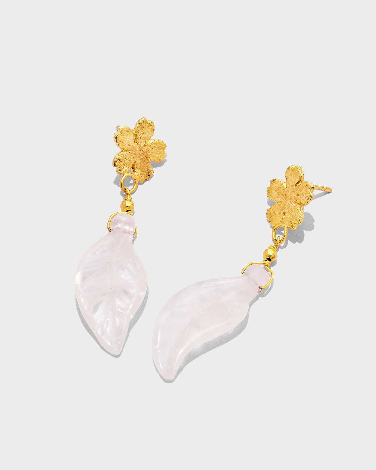 Handmade Flowery Earrings With Rose Quartz Leaf