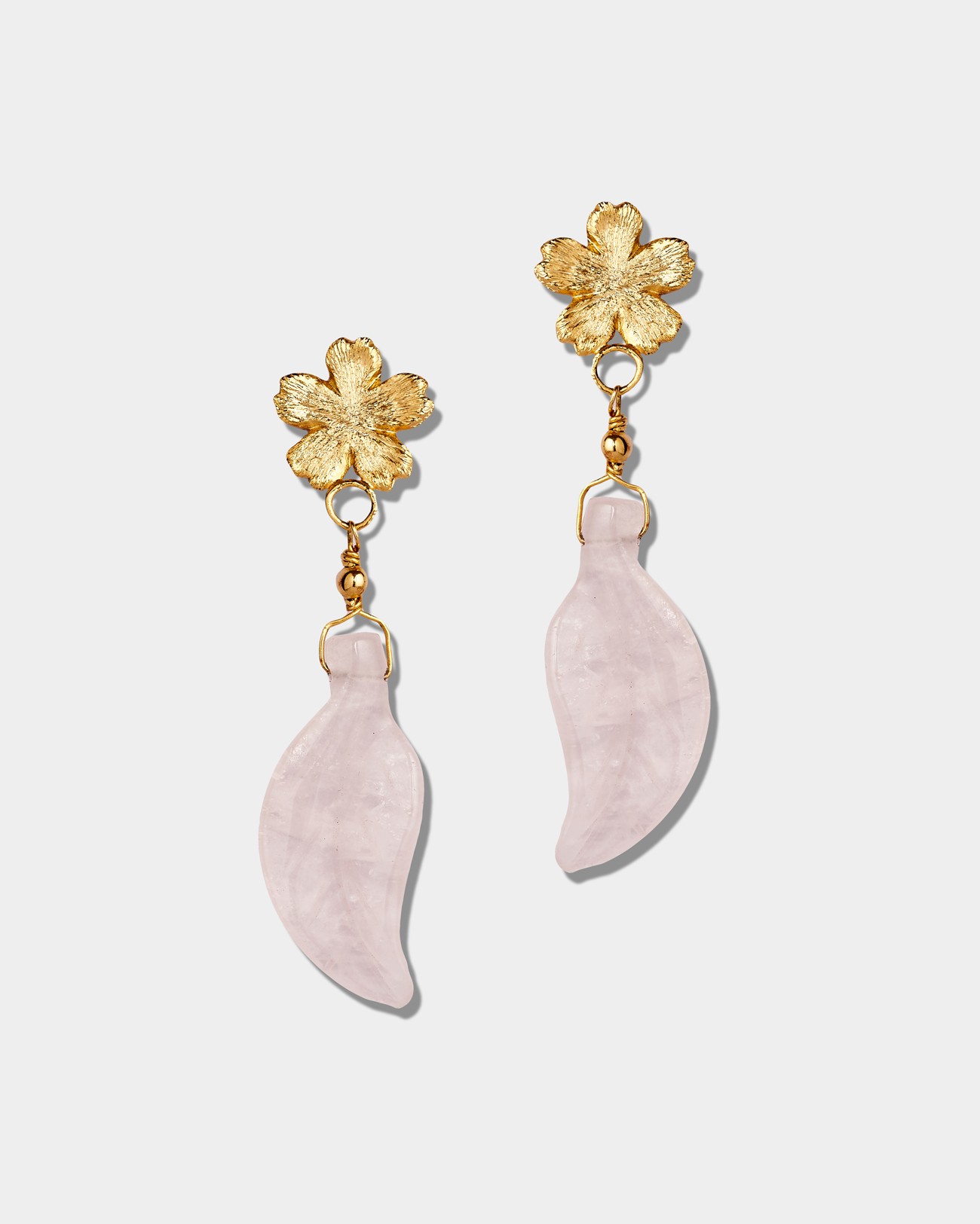 Handmade Flowery Earrings With Rose Quartz Leaf