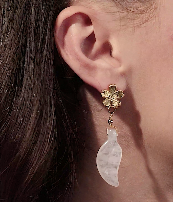 Handmade Flowery Earrings With Rose Quartz Leaf
