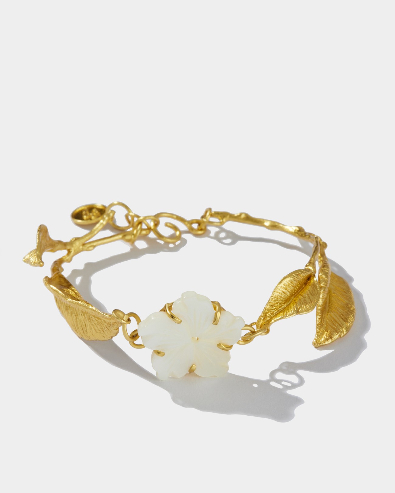 Engraved Mother Of Pearls Flowers & Silver Leaves Bracelet