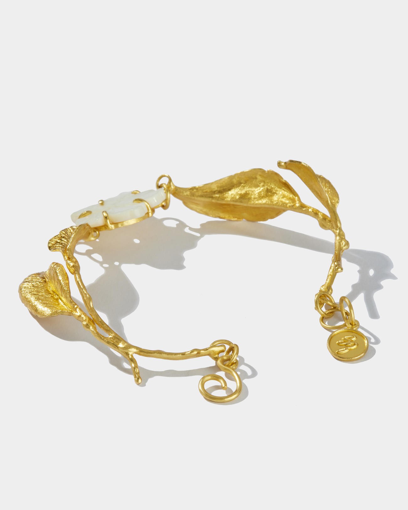 Engraved Mother Of Pearls Flowers & Silver Leaves Bracelet