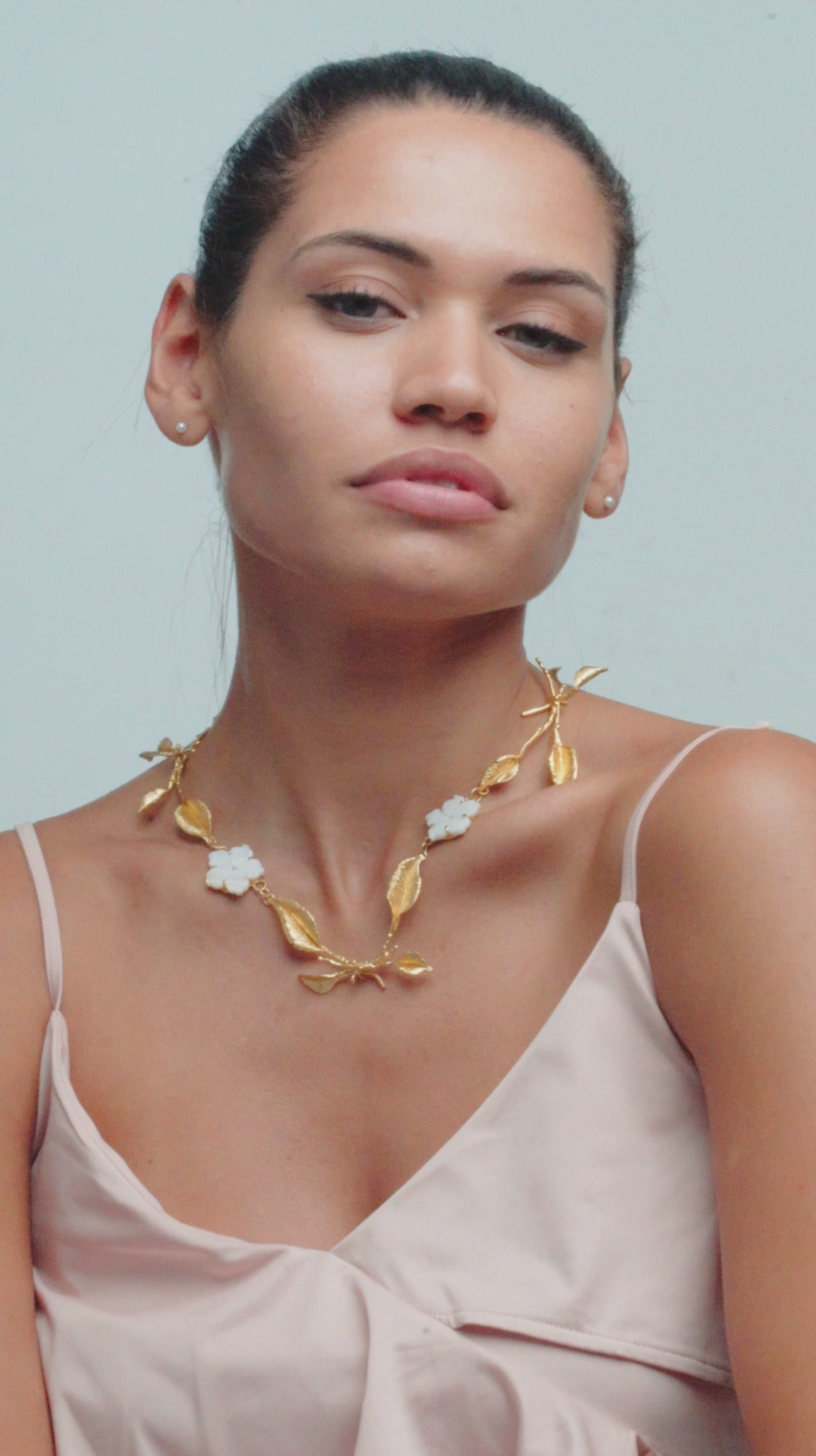 Engraved Mother Of Pearls Flowers & Silver Leaves Necklace