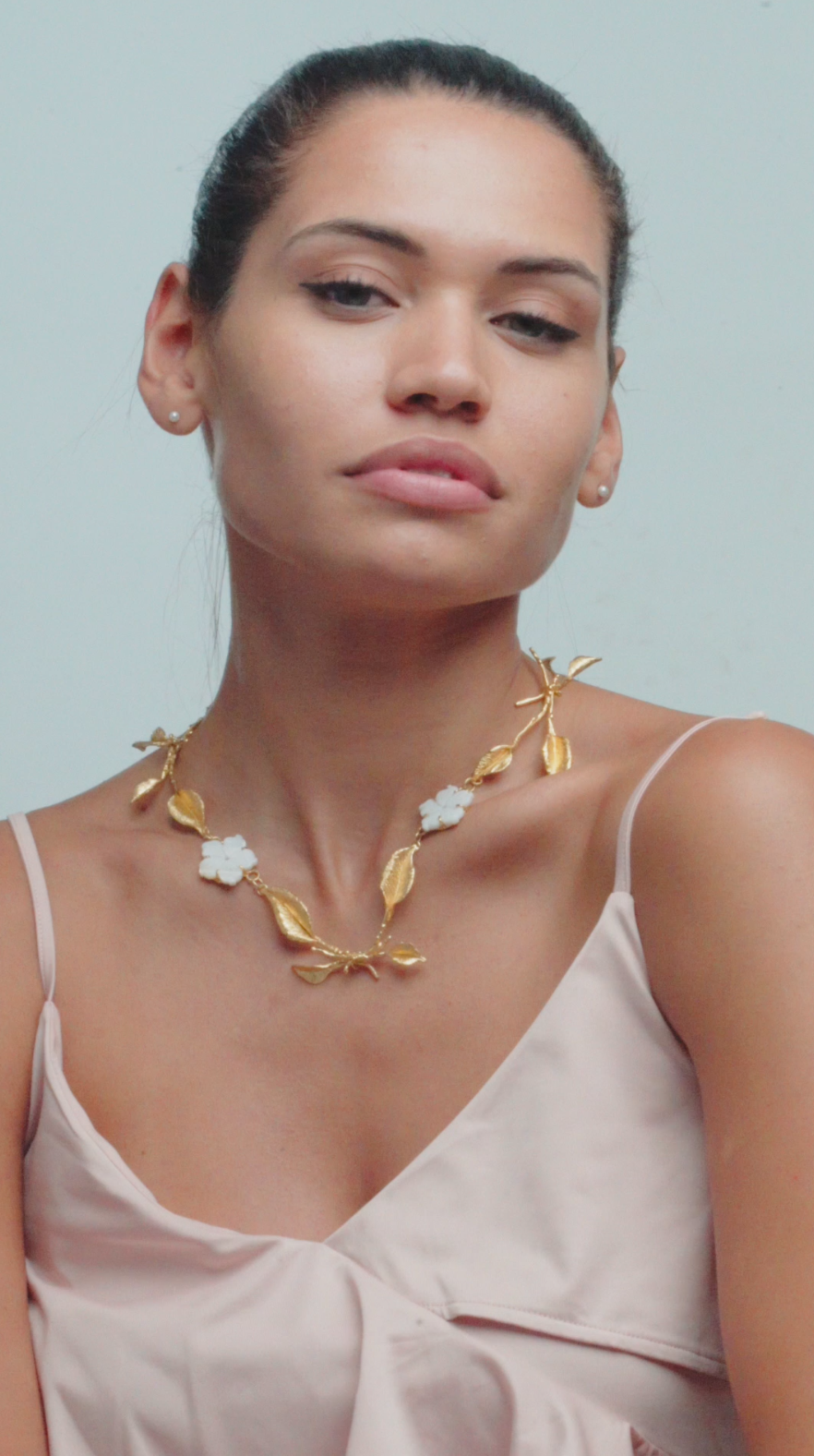 Engraved Mother Of Pearls Flowers & Silver Leaves Necklace