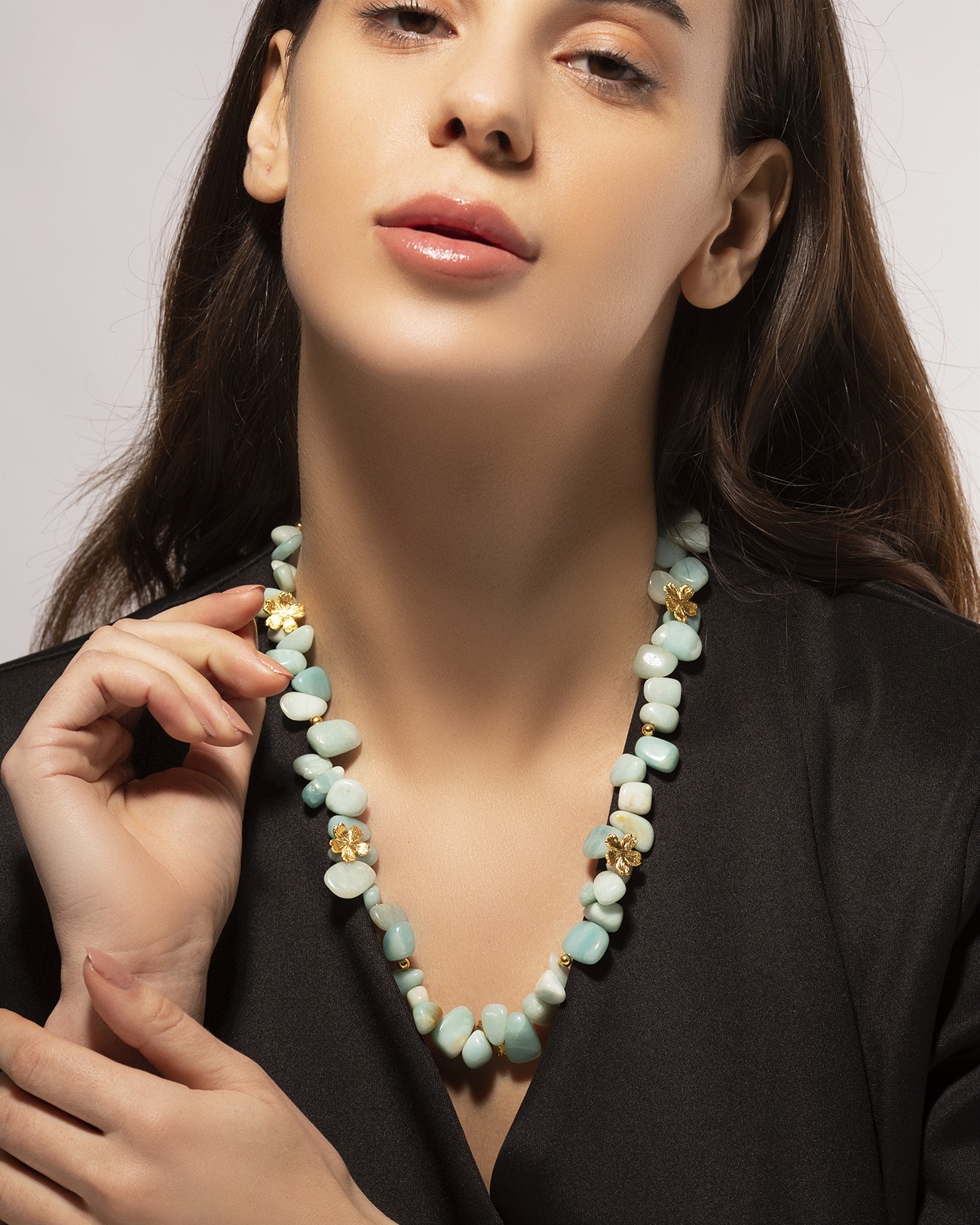 Handmade Flowery Necklace With Green Amazonite Stones Silver Jewelry