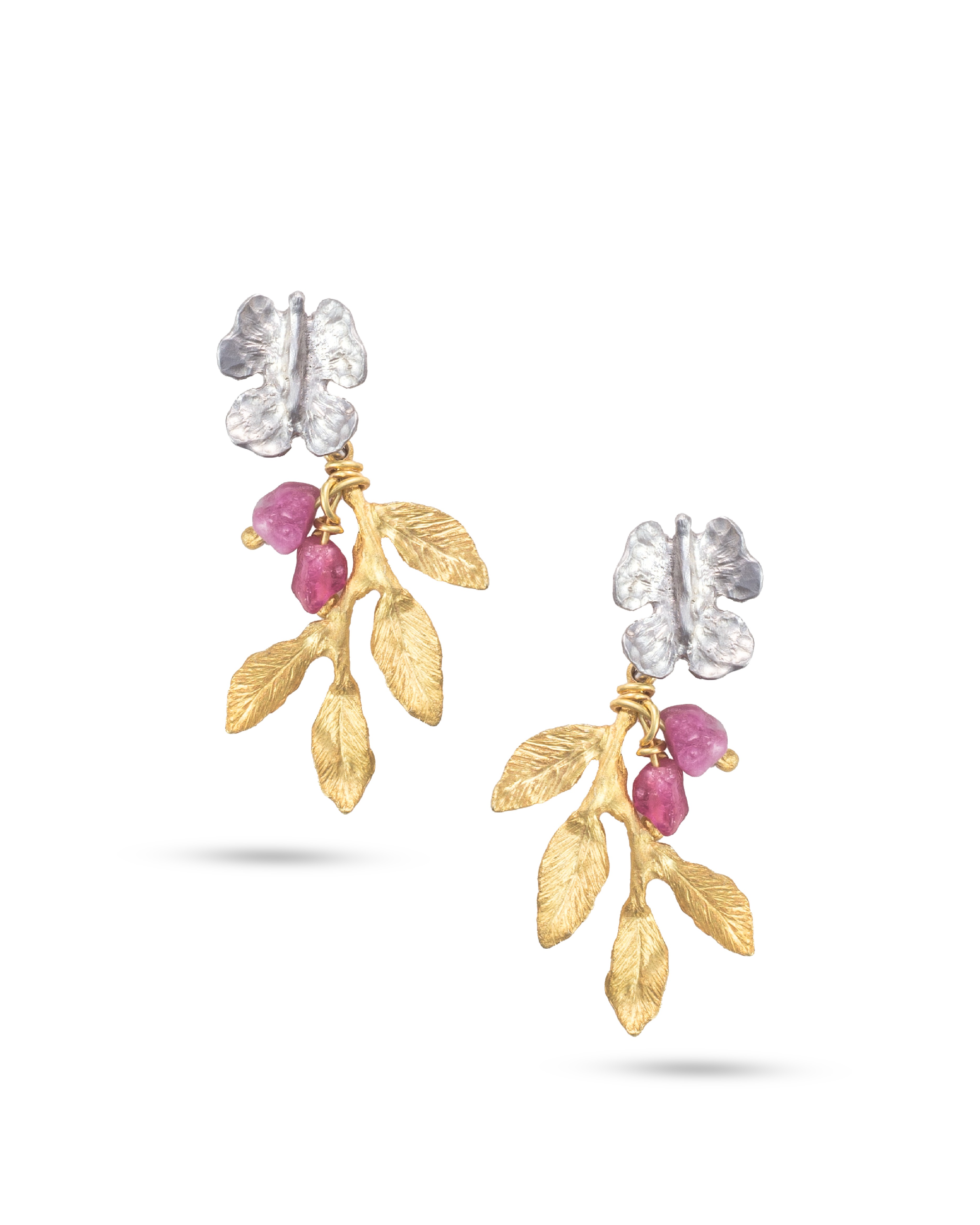Flowery Collection, Engraved Butterfly, Leaves & Tourmaline Earring