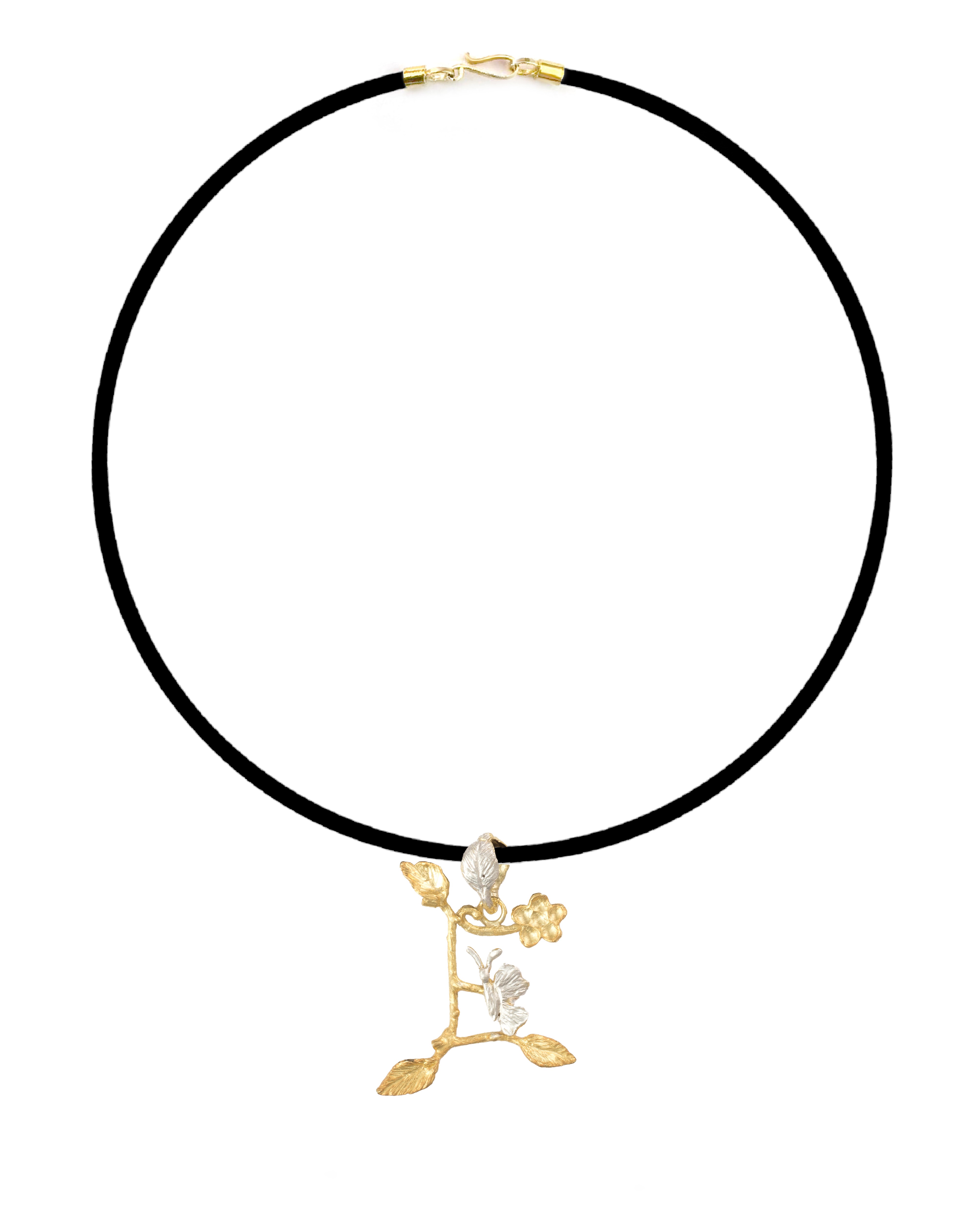 Botanic Necklace, Engraved Branches Of Leaves, Flower & Butterfly Letter E