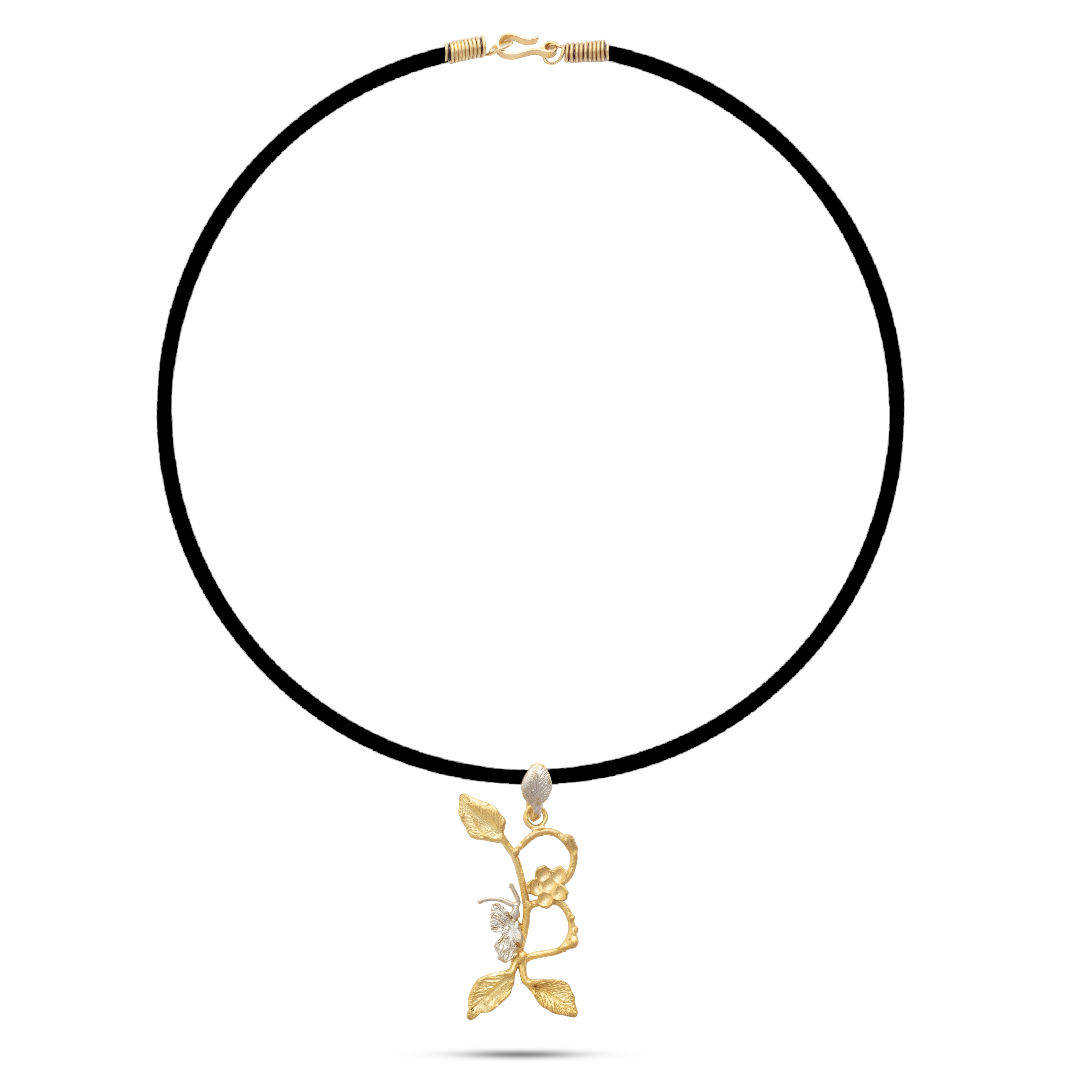 Botanic Necklace, Engraved Branches Of Leaves, Flower & Butterfly Letter B