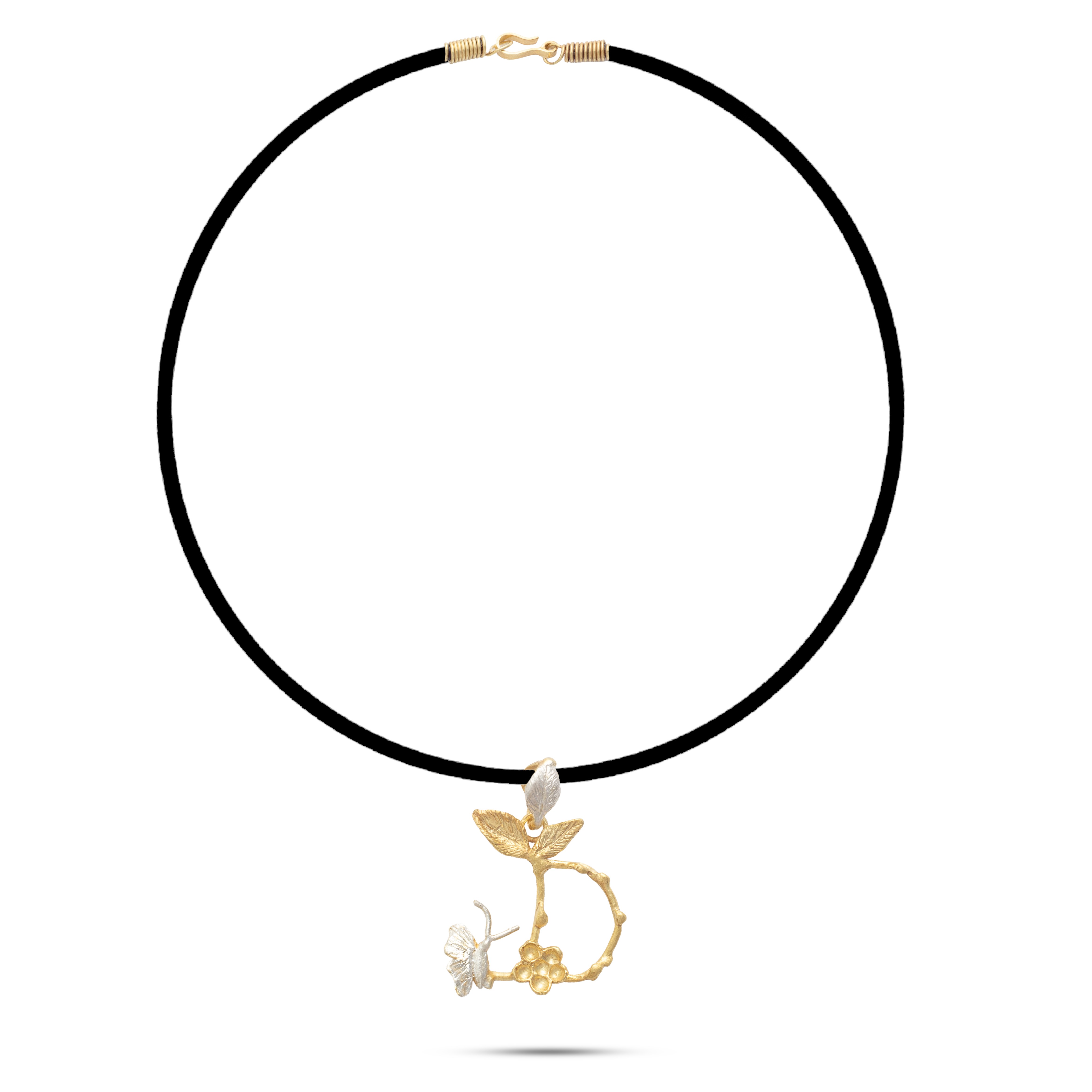 Botanic Necklace, Engraved Branches Of Leaves, Flower & Butterfly Letter D