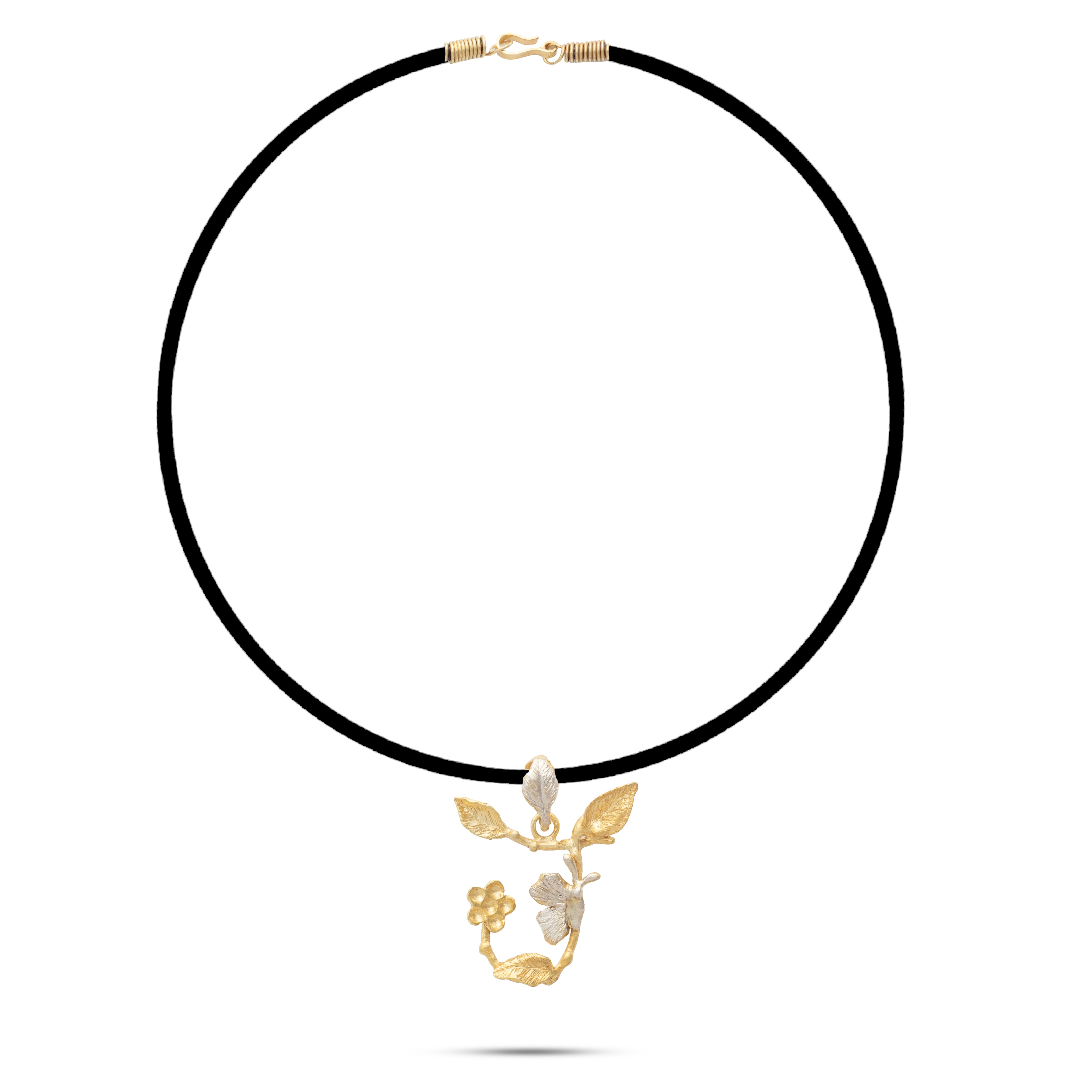 Botanic Necklace, Engraved Branches Of Leaves, Flower & Butterfly Letter J