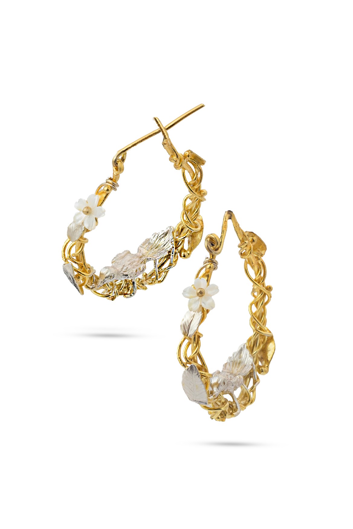 Flowery Collection, Bird Nest & White Mother Of Pearl Flower Earrings