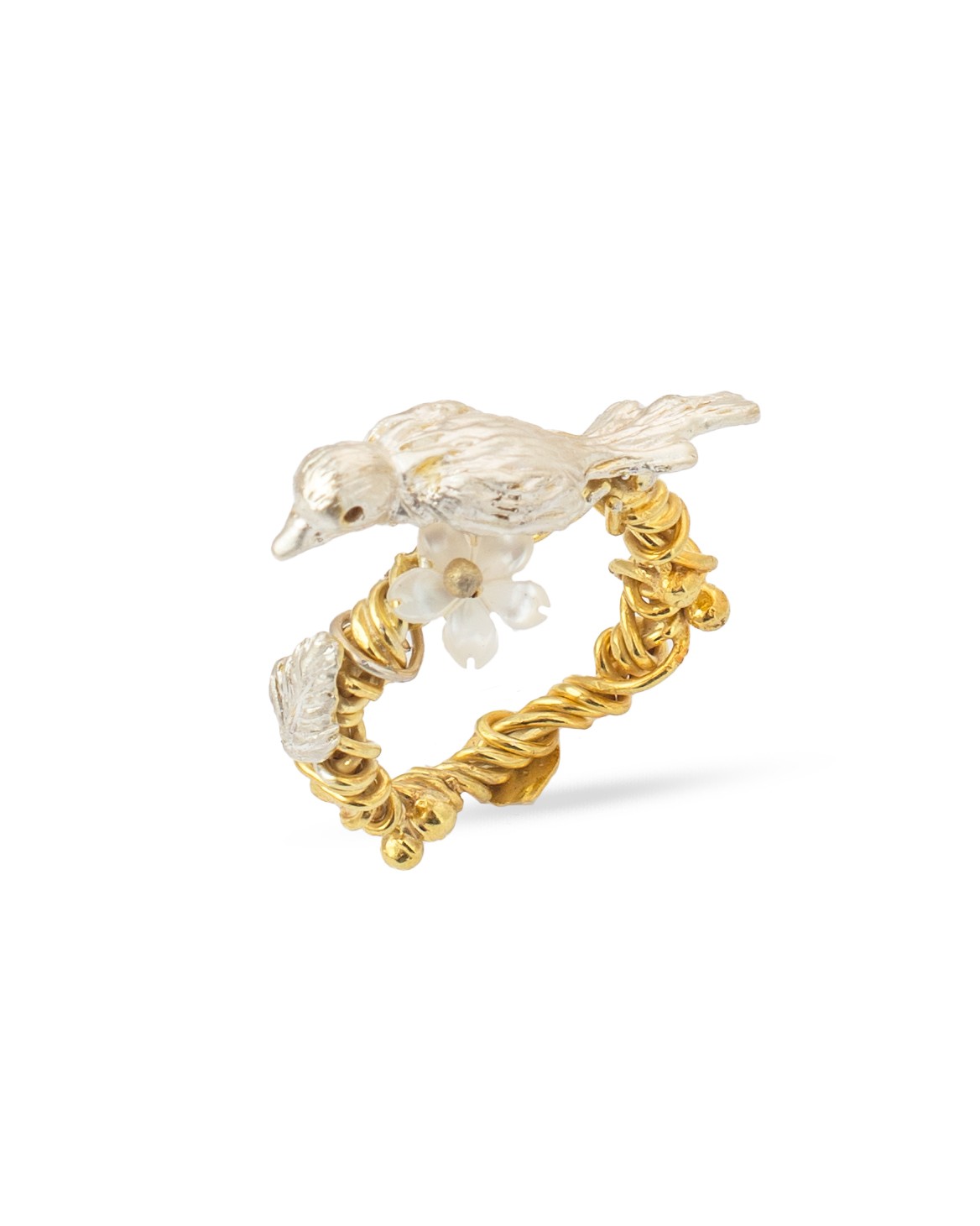 Flowery Collection, Bird Nest & White Mother Of Pearl Flower Ring