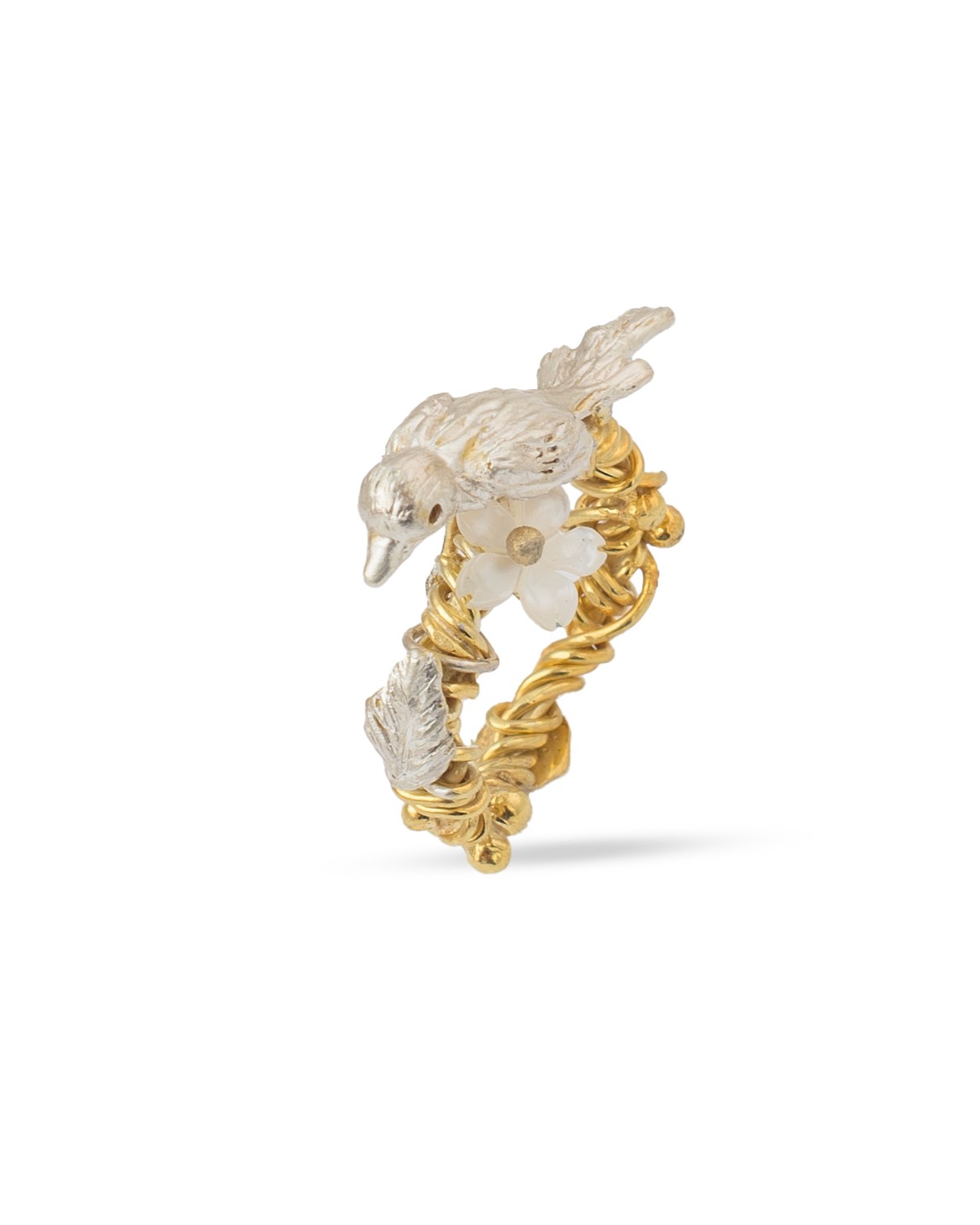 Flowery Collection, Bird Nest & White Mother Of Pearl Flower Ring