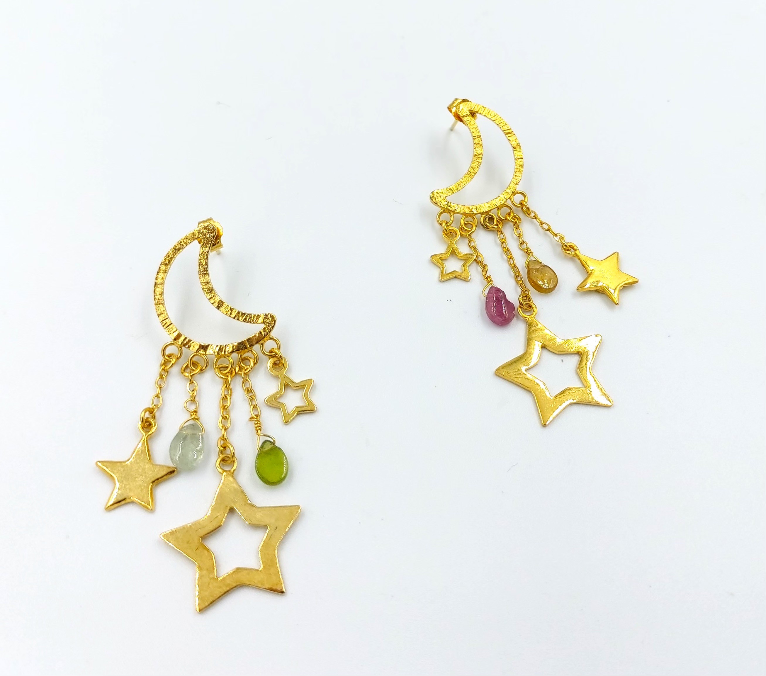 Summer Night Collection, Crescent Moon With Tourmaline Stones & Stars Earrings