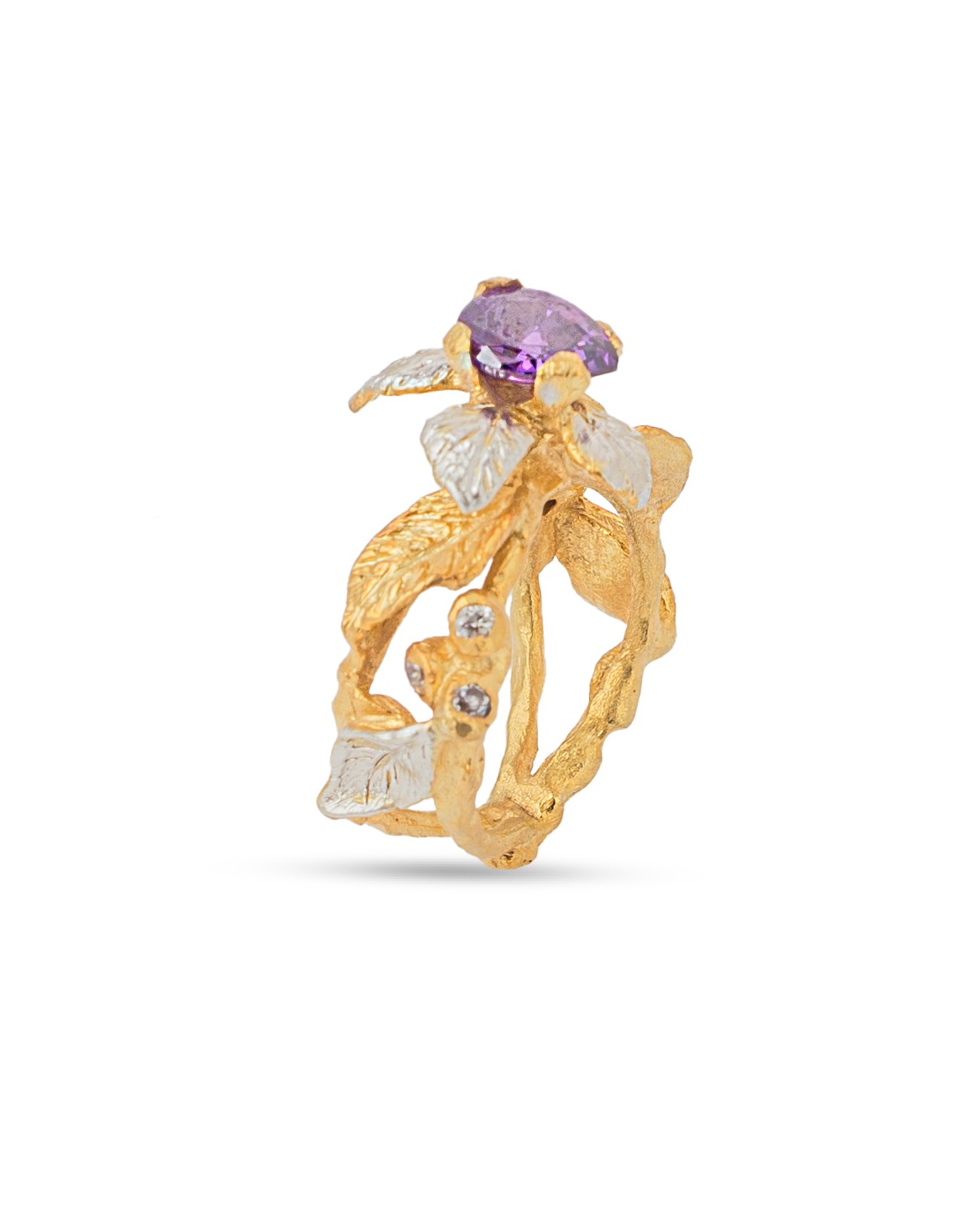 Flowery Collection, Purple Zircon Flower, Leaves & Branches Ring
