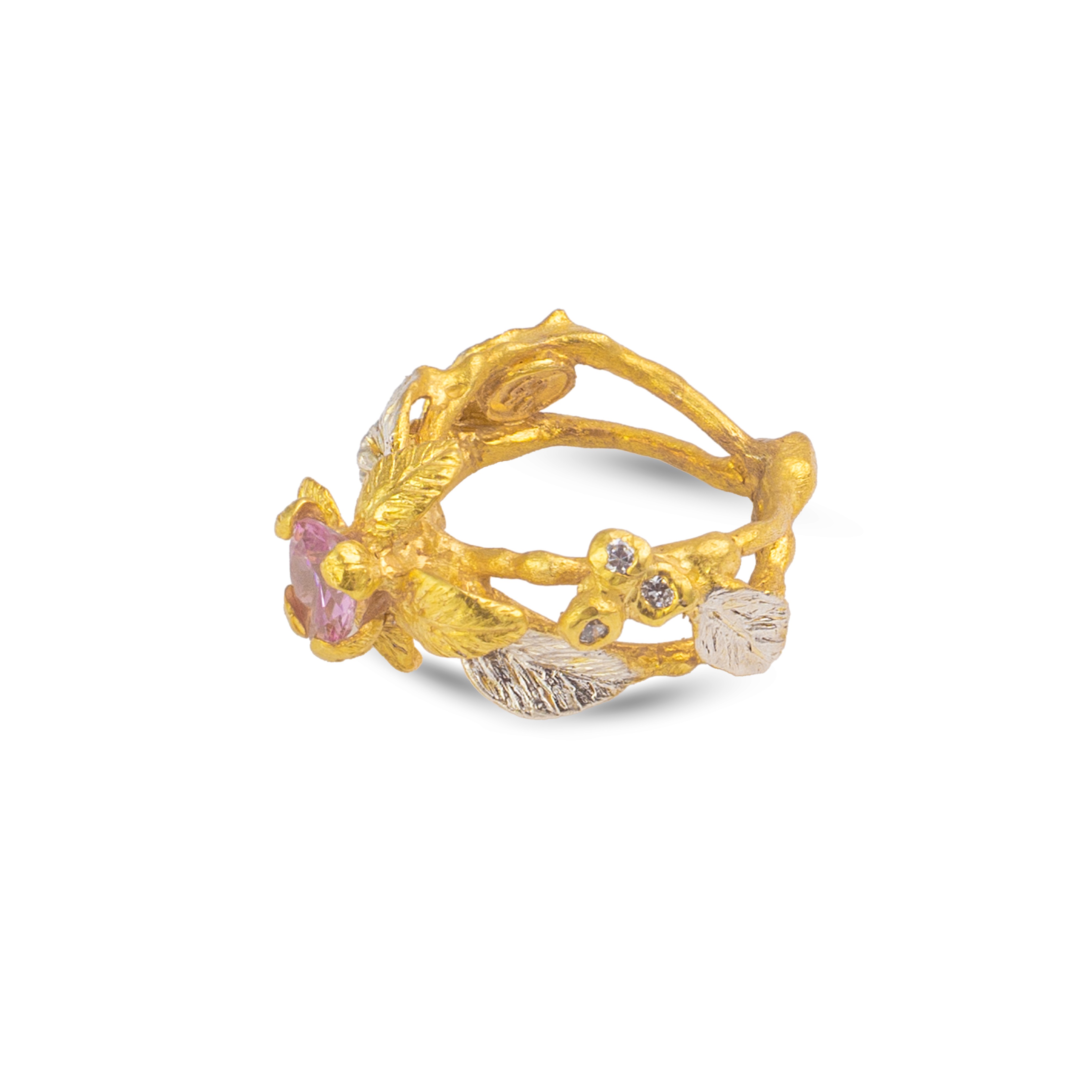 Flowery Collection, Pink Zircon Flower, Leaves & Branches Ring