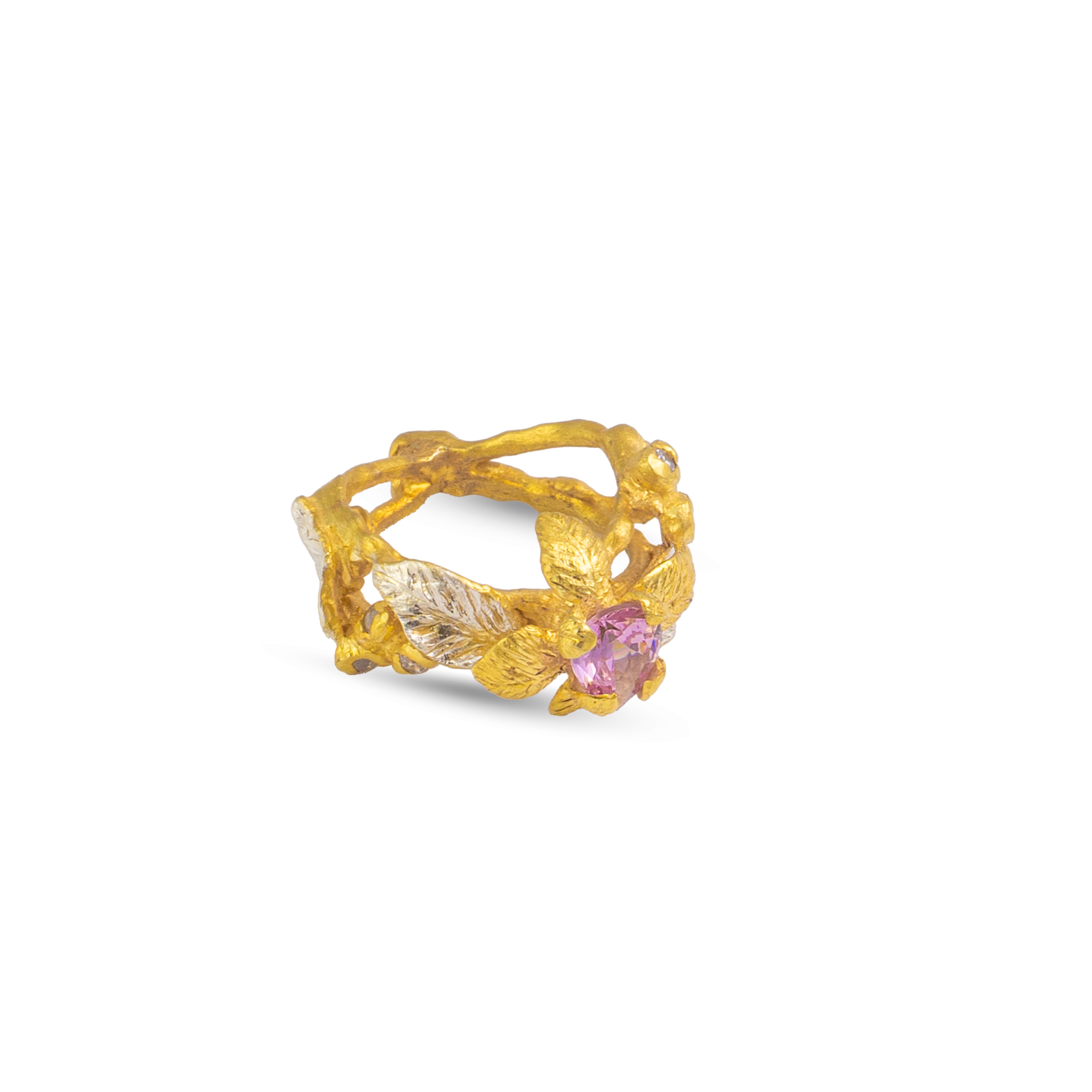 Flowery Collection, Pink Zircon Flower, Leaves & Branches Ring