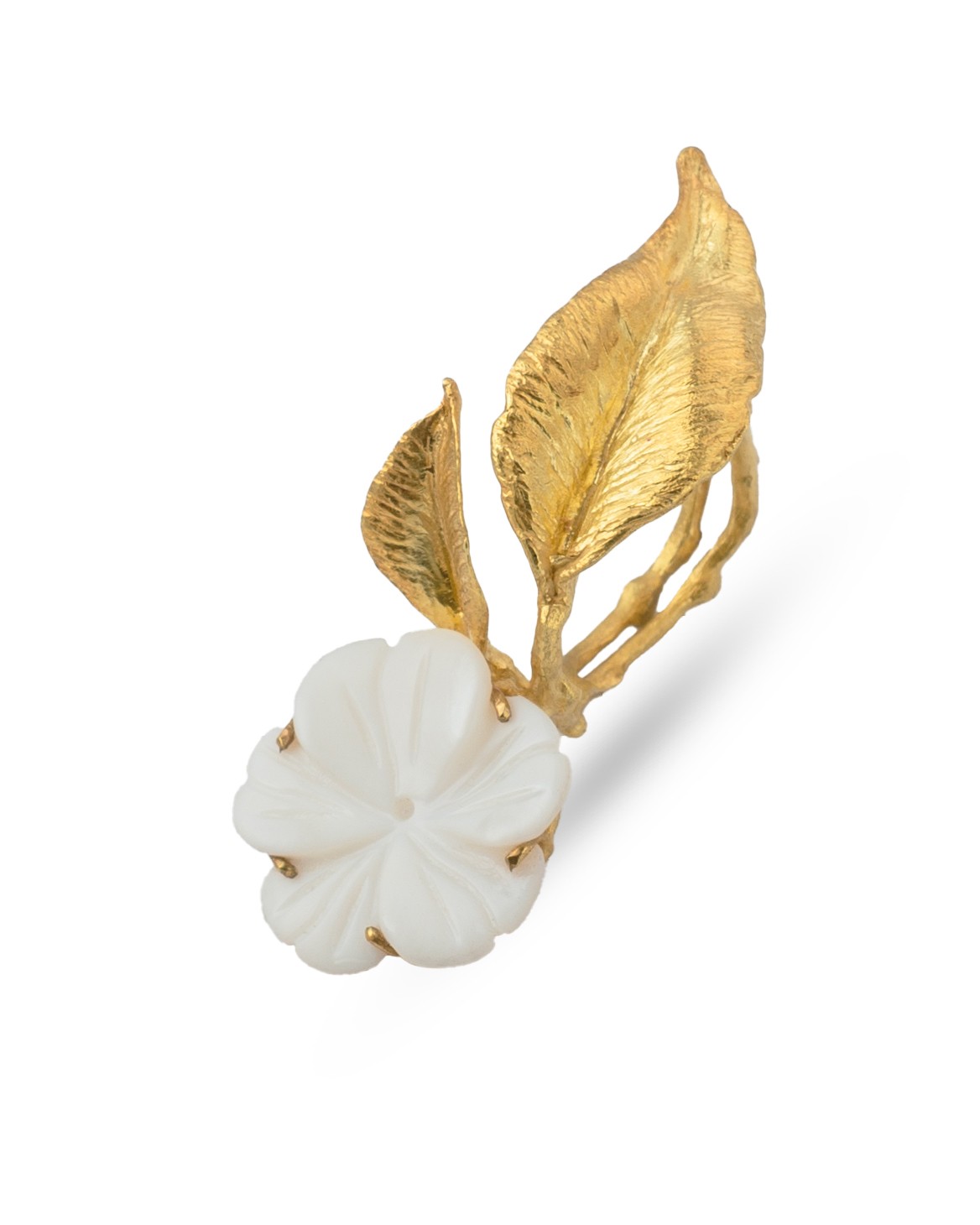 Engraved Mother Of Pearls Flowers & Leaves Ring