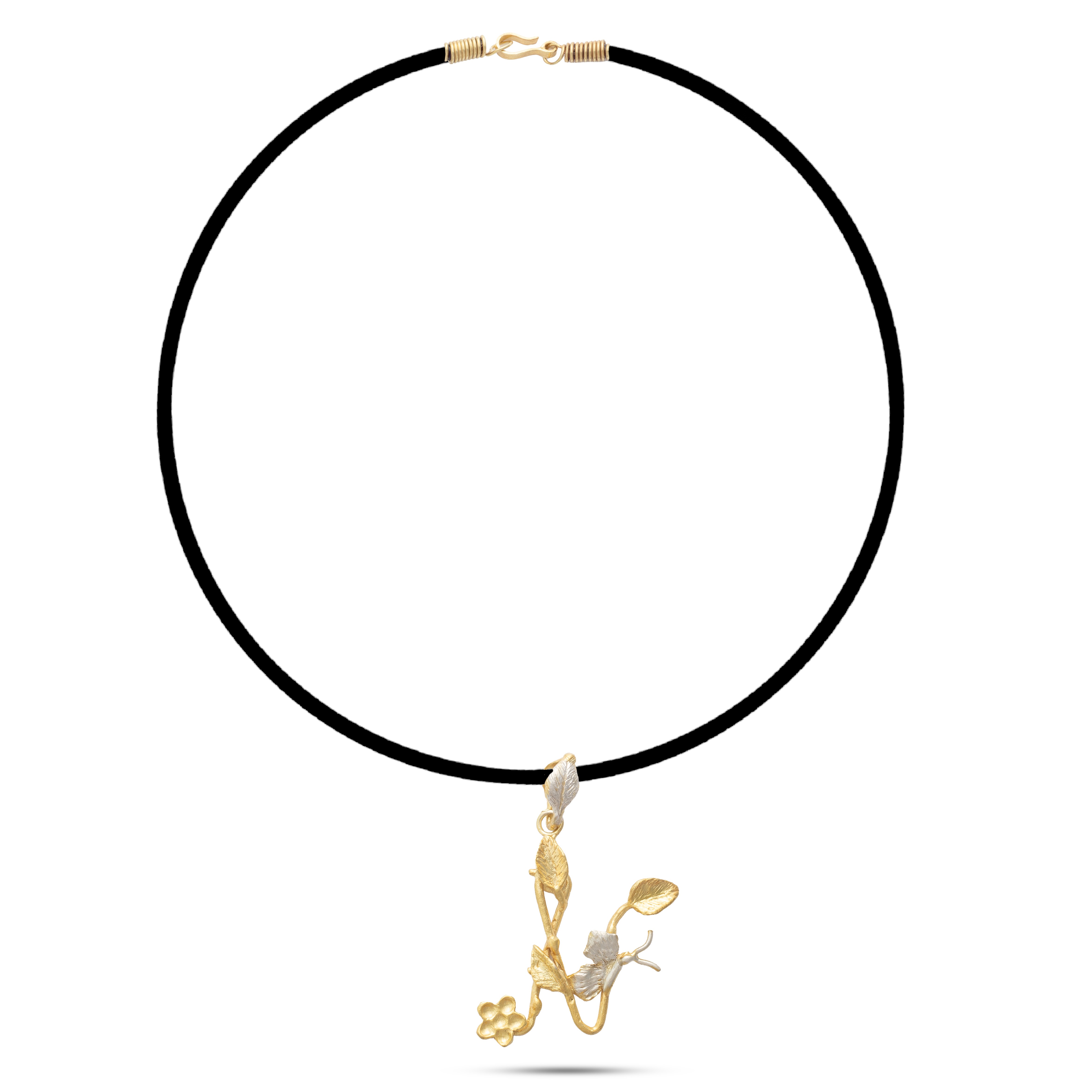 Botanic Necklace, Engraved Branches Of Leaves, Flower & Butterfly Letter N