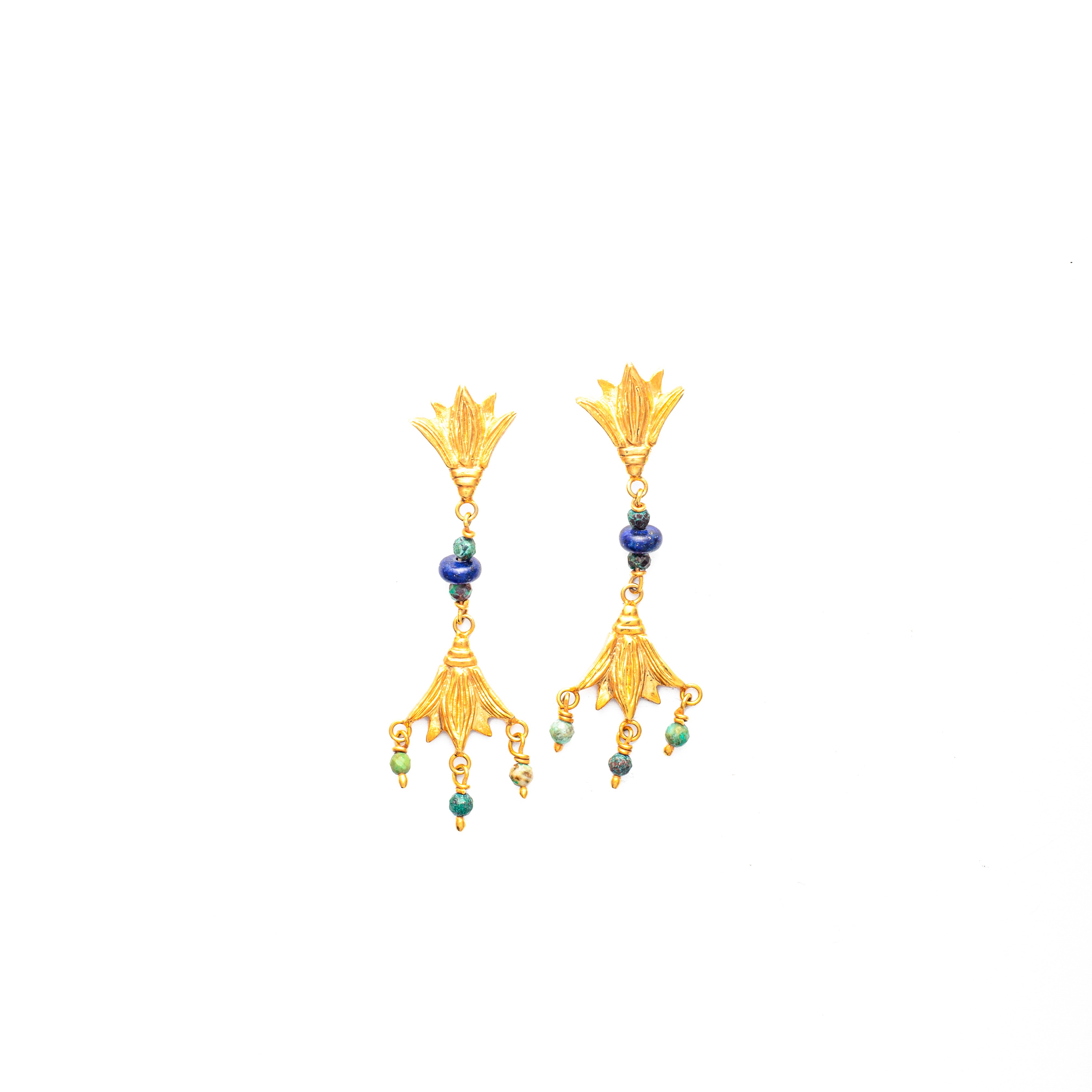 Pharaonic Collection, Engraved Long Lotus Gold Plated Earring With Turquoise & Lapis