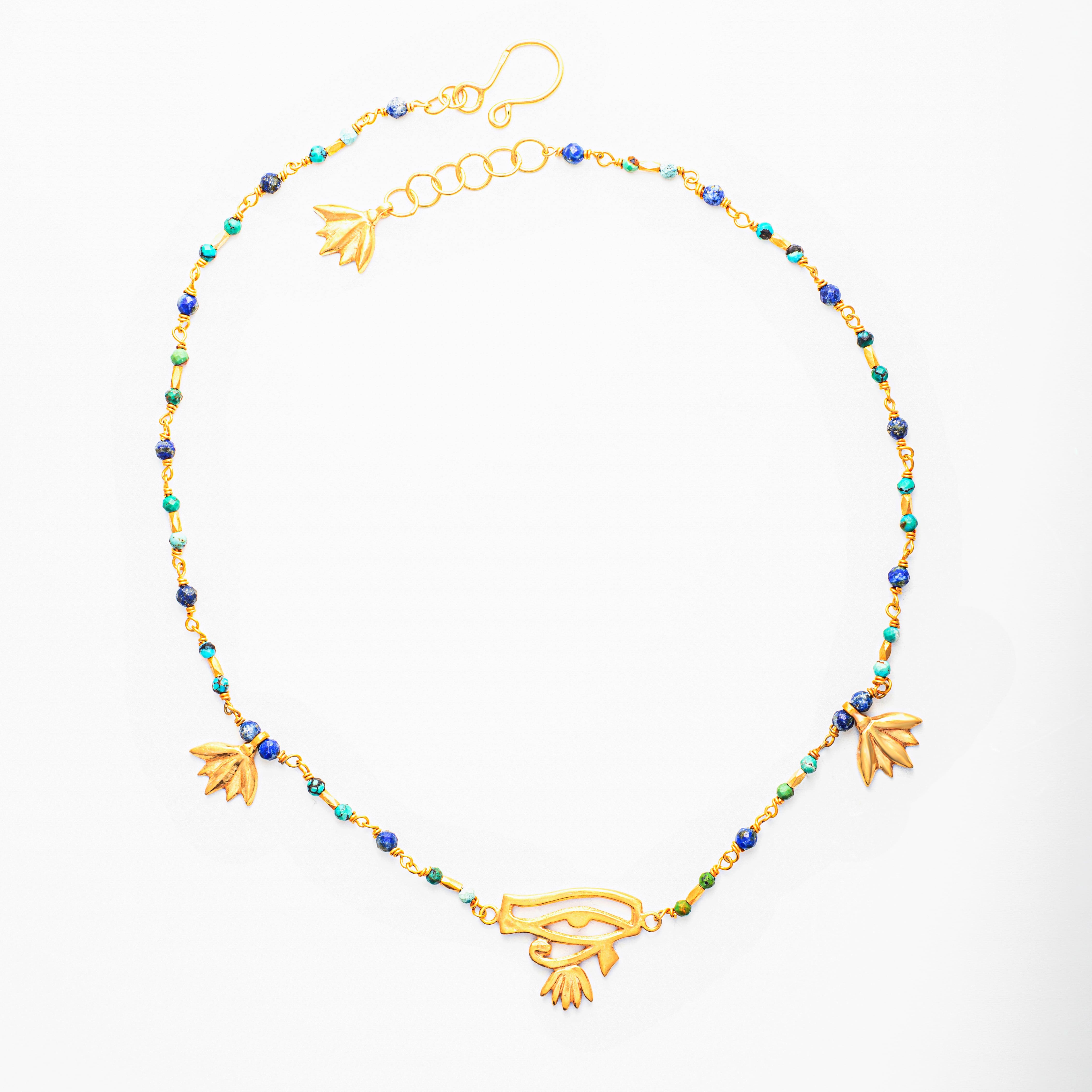Pharaonic Collection, Horus Eye & Small Lotus with Turquoise & Lapis Necklace