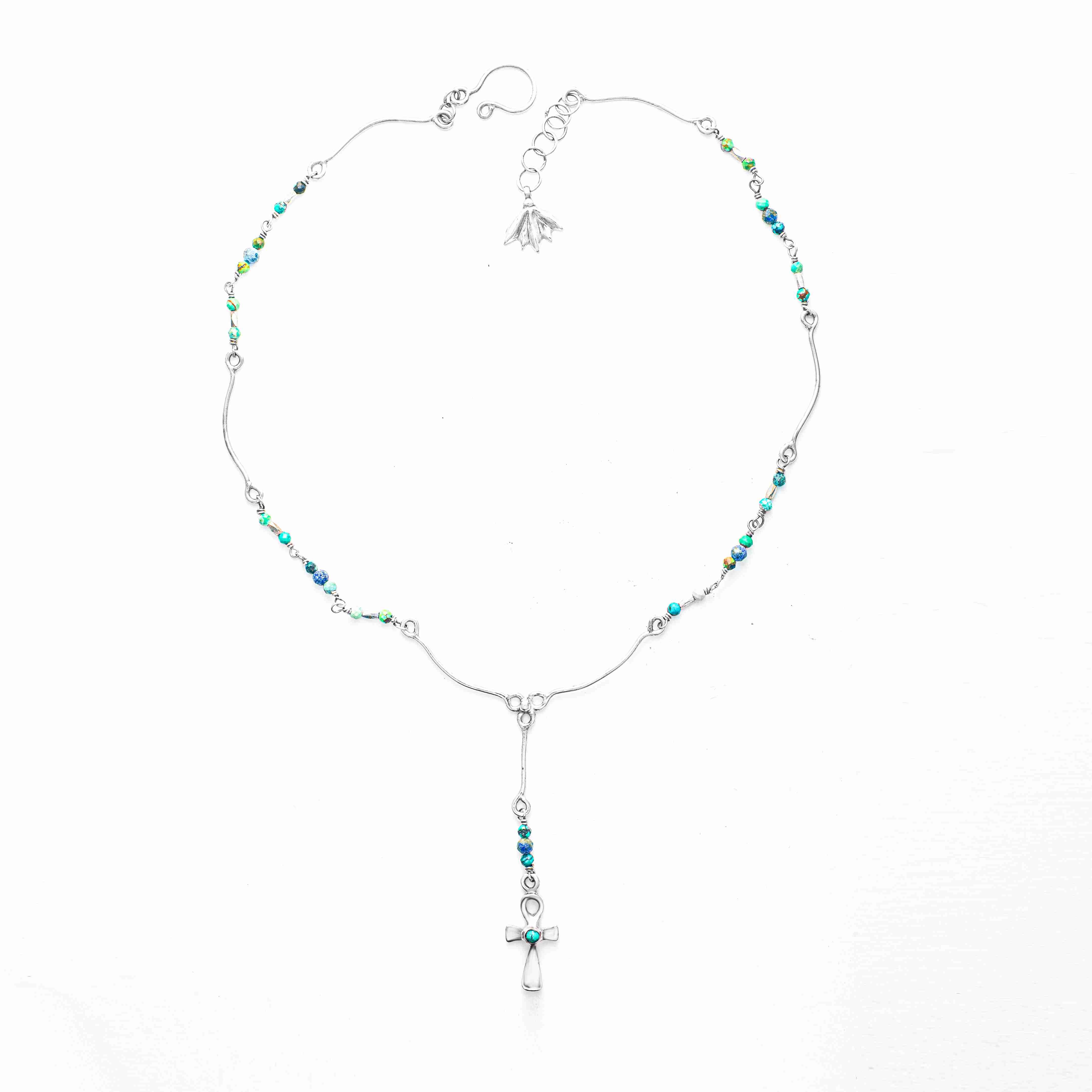 Pharaonic Collection, Ankh , Small Key Of The Nile With Turquoise & lapis wire Necklace