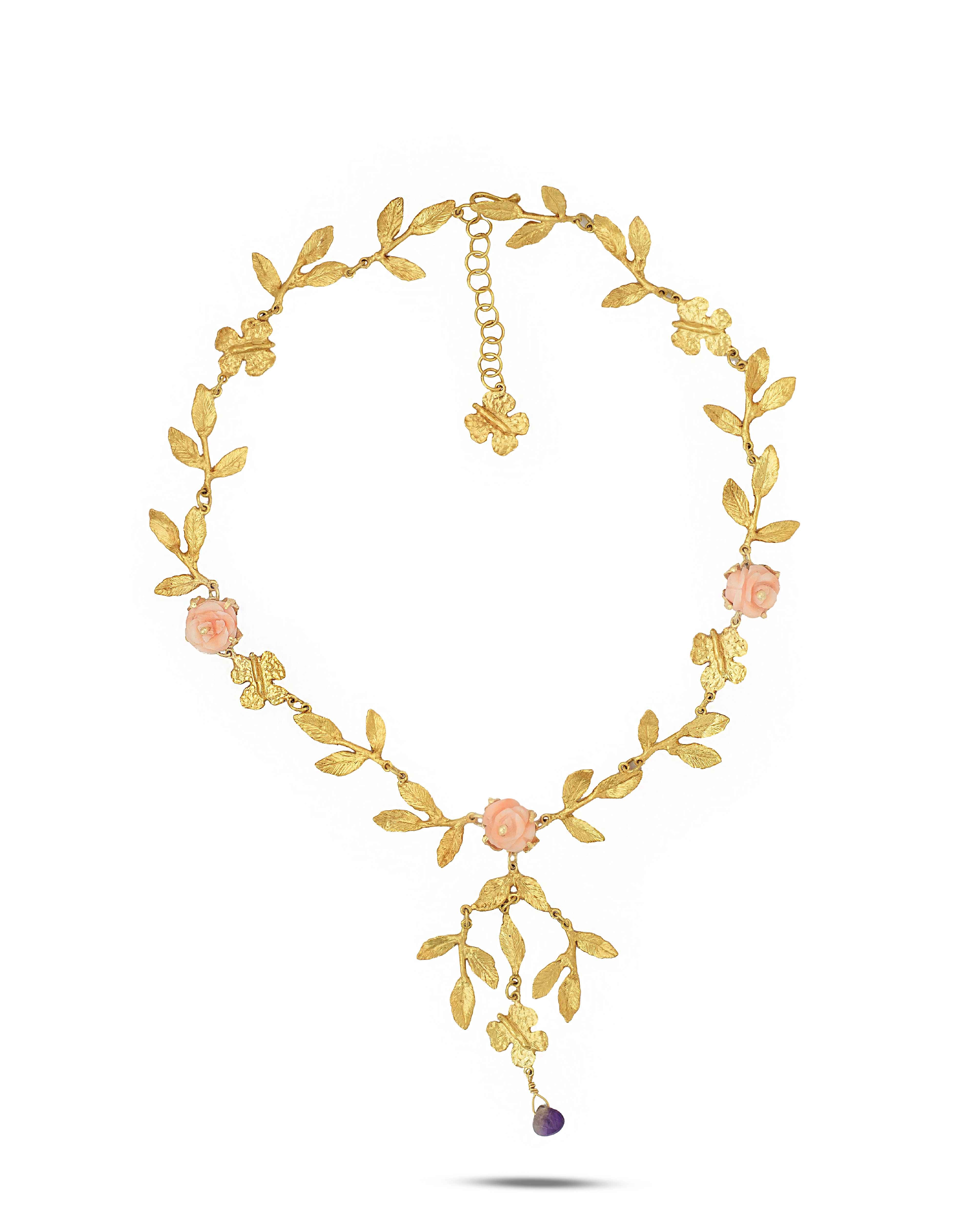 Flowery Collection, Butterfly, Rose Coral, Leaves & Amethyst  Necklace