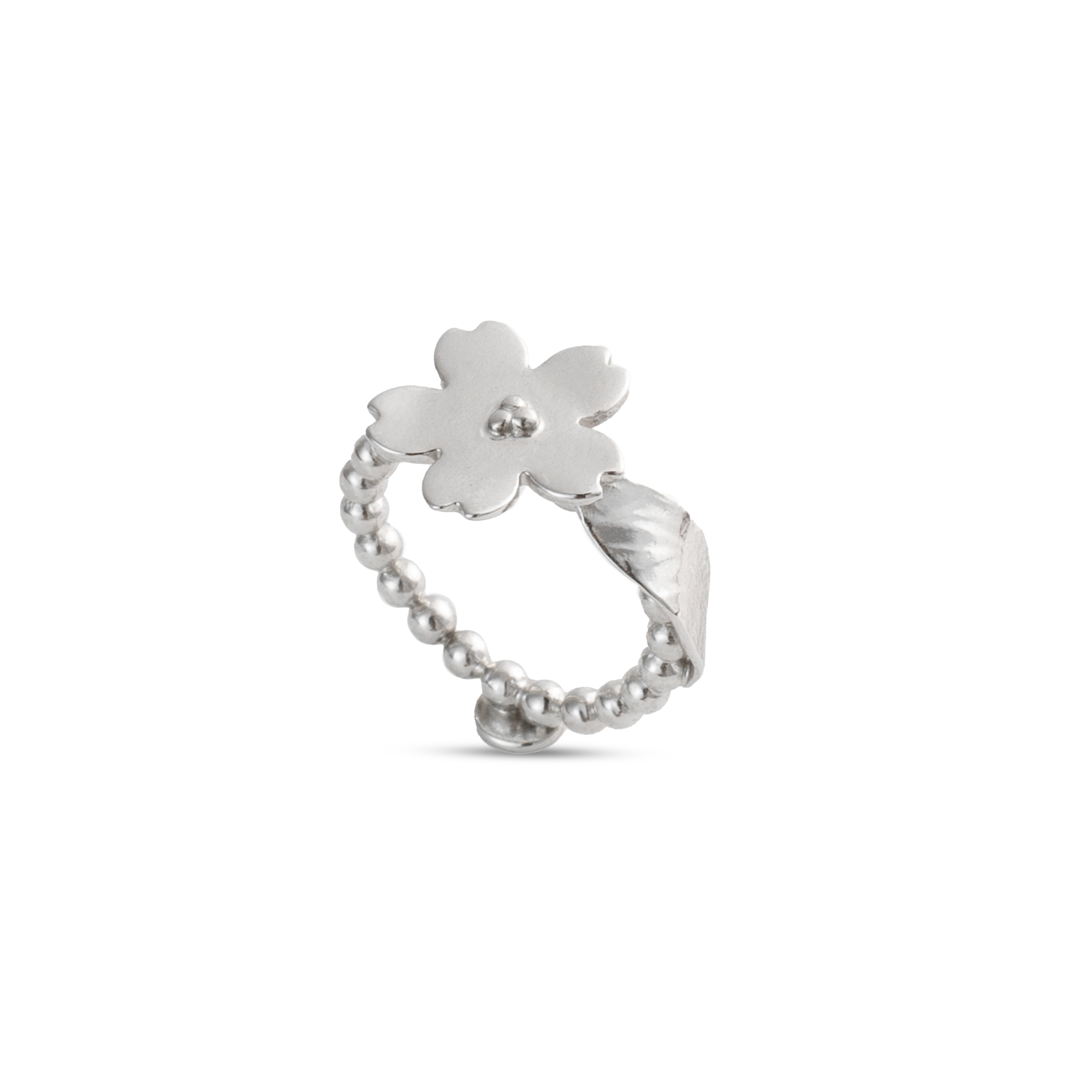 Flowery Collection- Silver Ball Ring With Silver Flower & Leaf