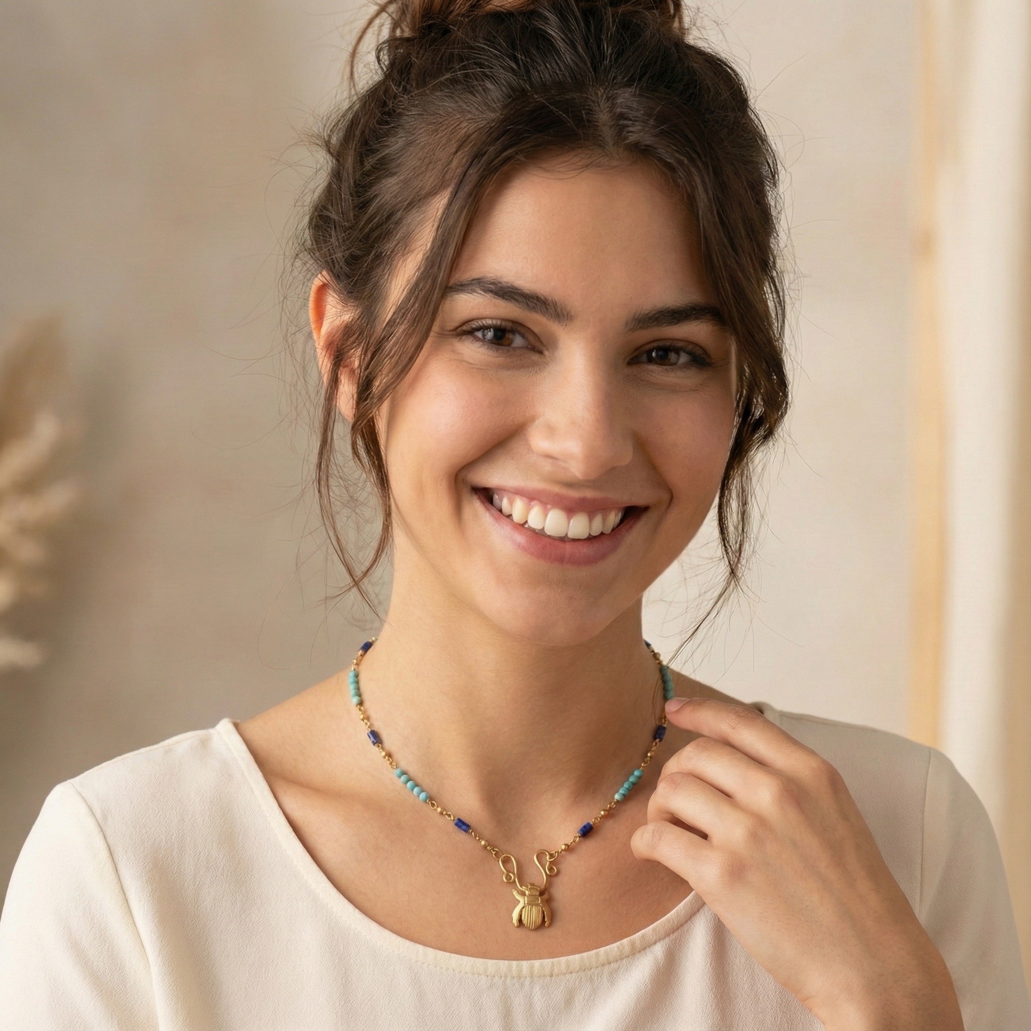 Pharaonic Collection, Med Scarab With Turquoise & Lapis Stone Wire Necklace