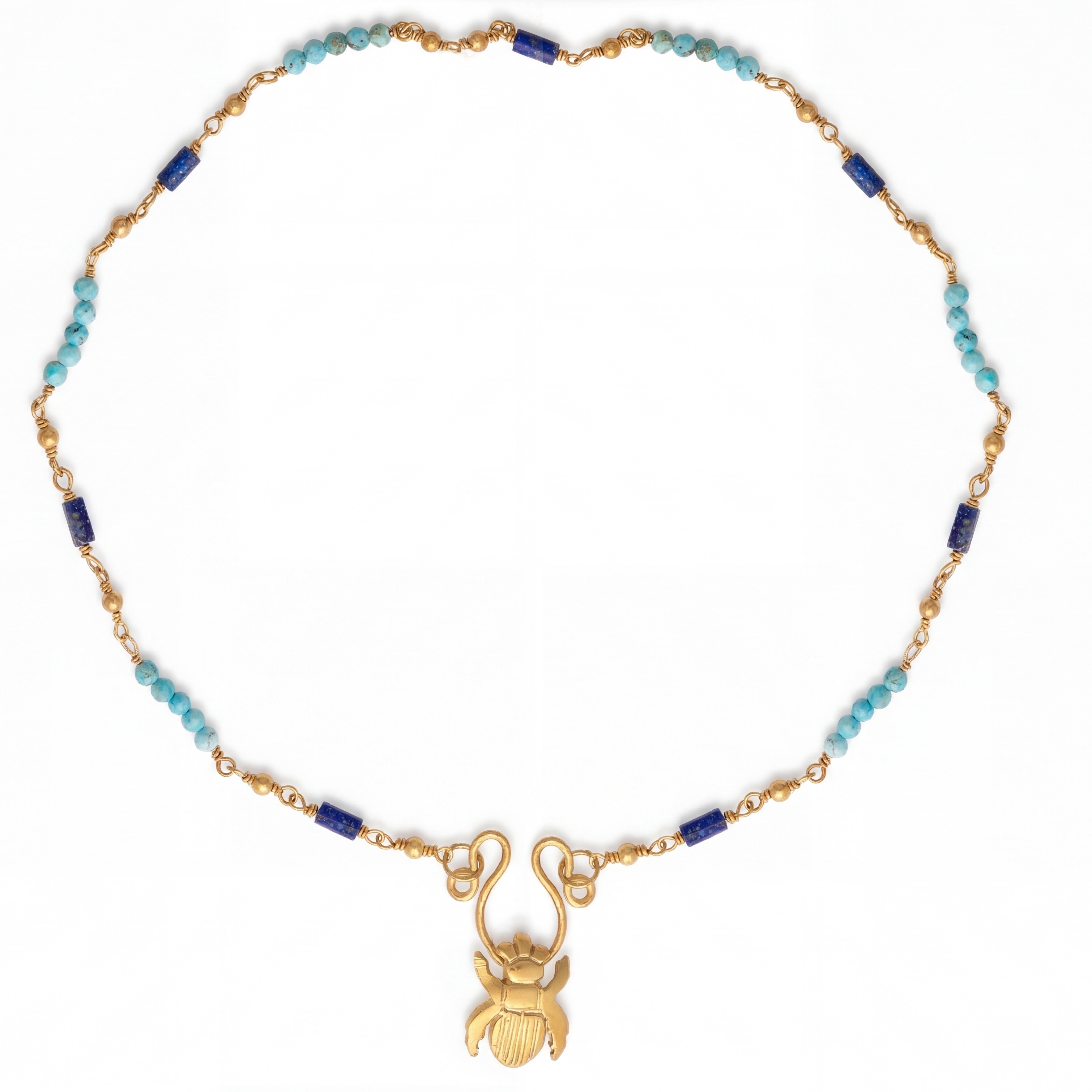 Pharaonic Collection, Med Scarab With Turquoise & Lapis Stone Wire Necklace