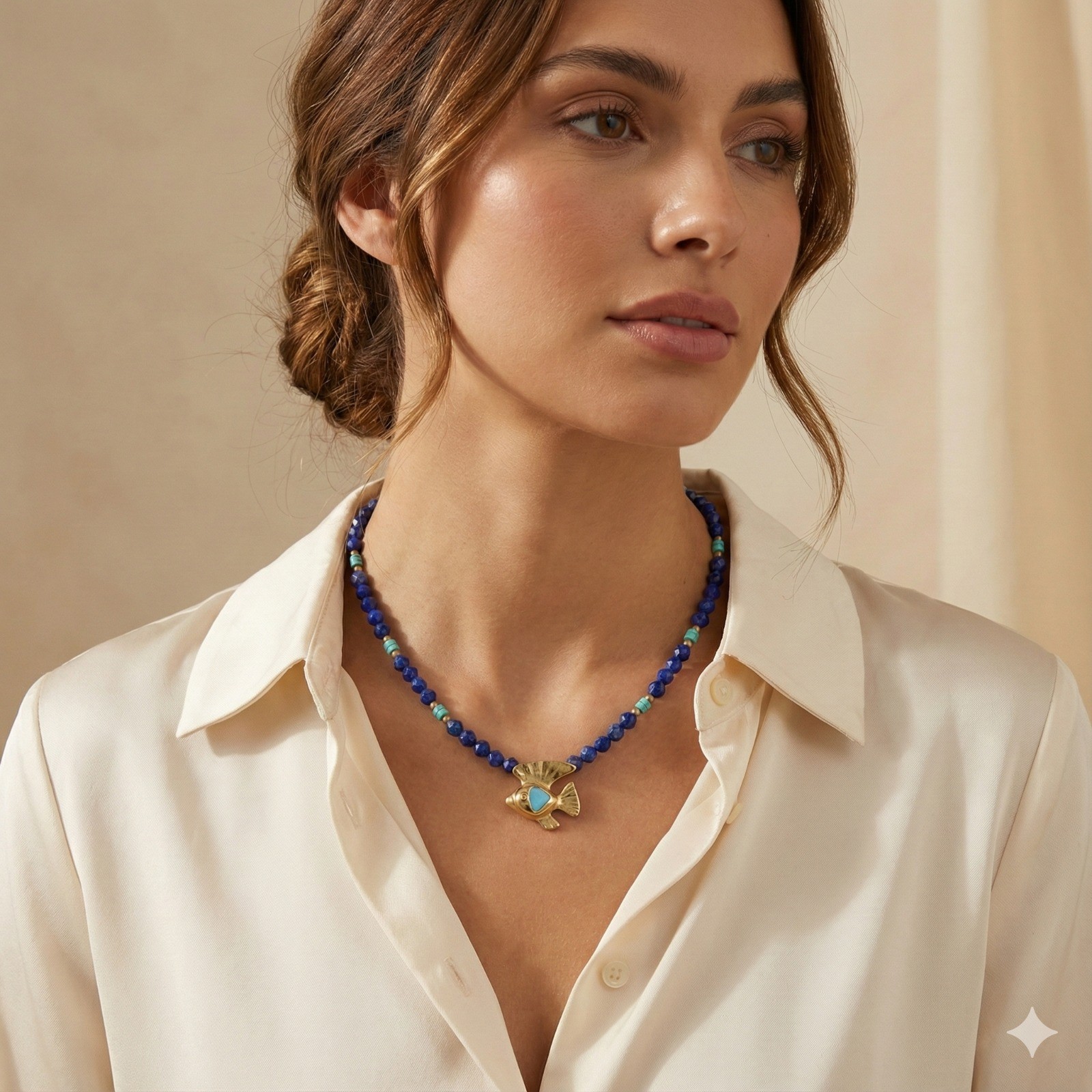 Pharaonic Collection, Nekhau Fish Amulet With Turquoise & Lapis Stone Necklace