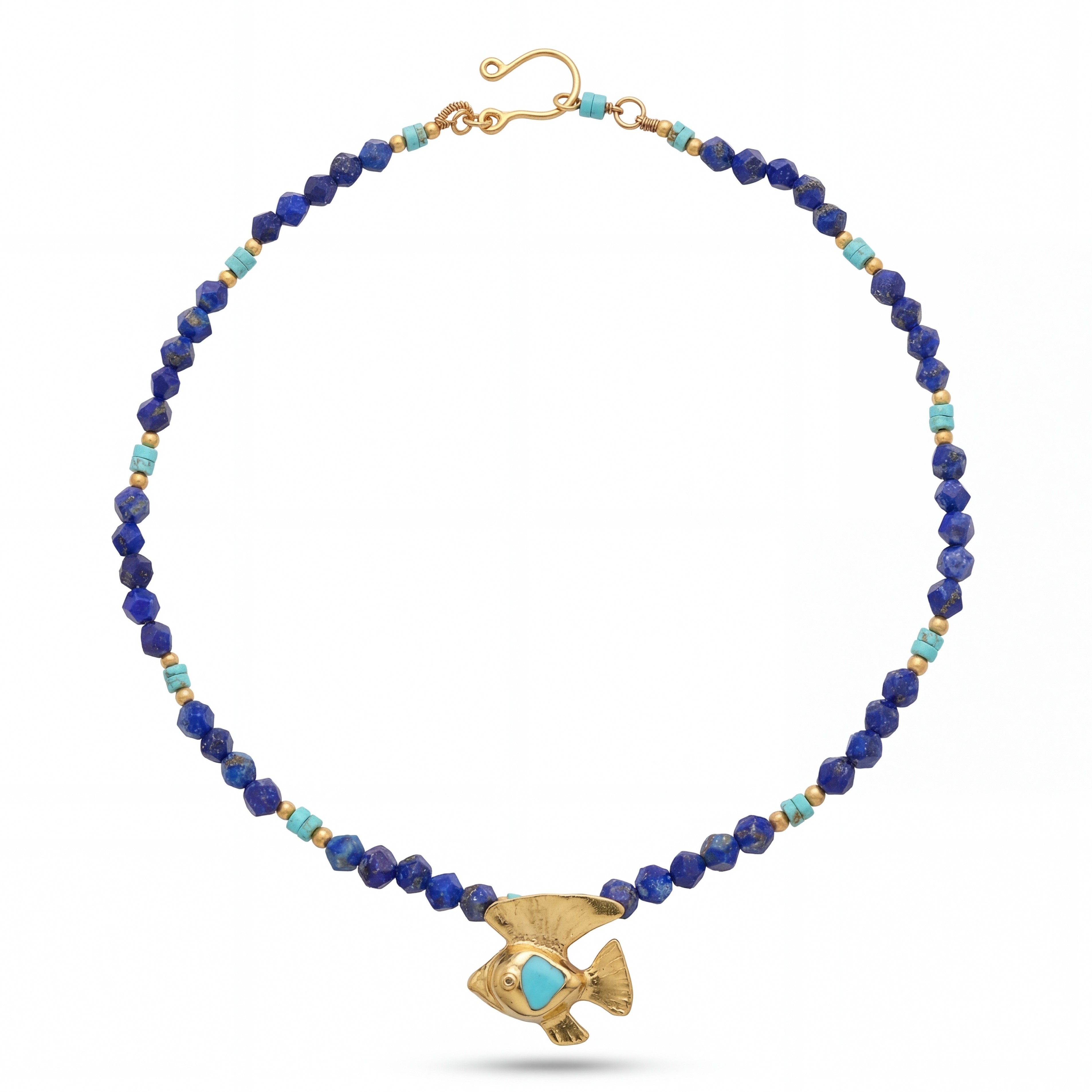 Pharaonic Collection, Nekhau Fish Amulet With Turquoise & Lapis Stone Necklace