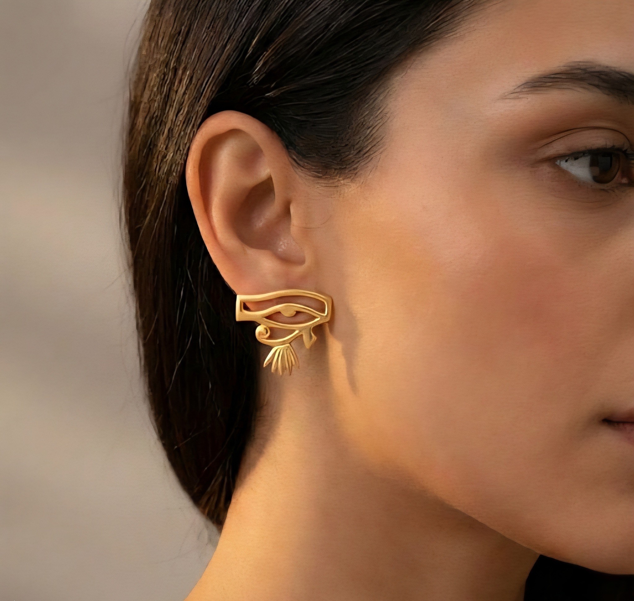 Pharaonic Collection, Engraved Horus Eye Gold Plated Earring With Turquoise