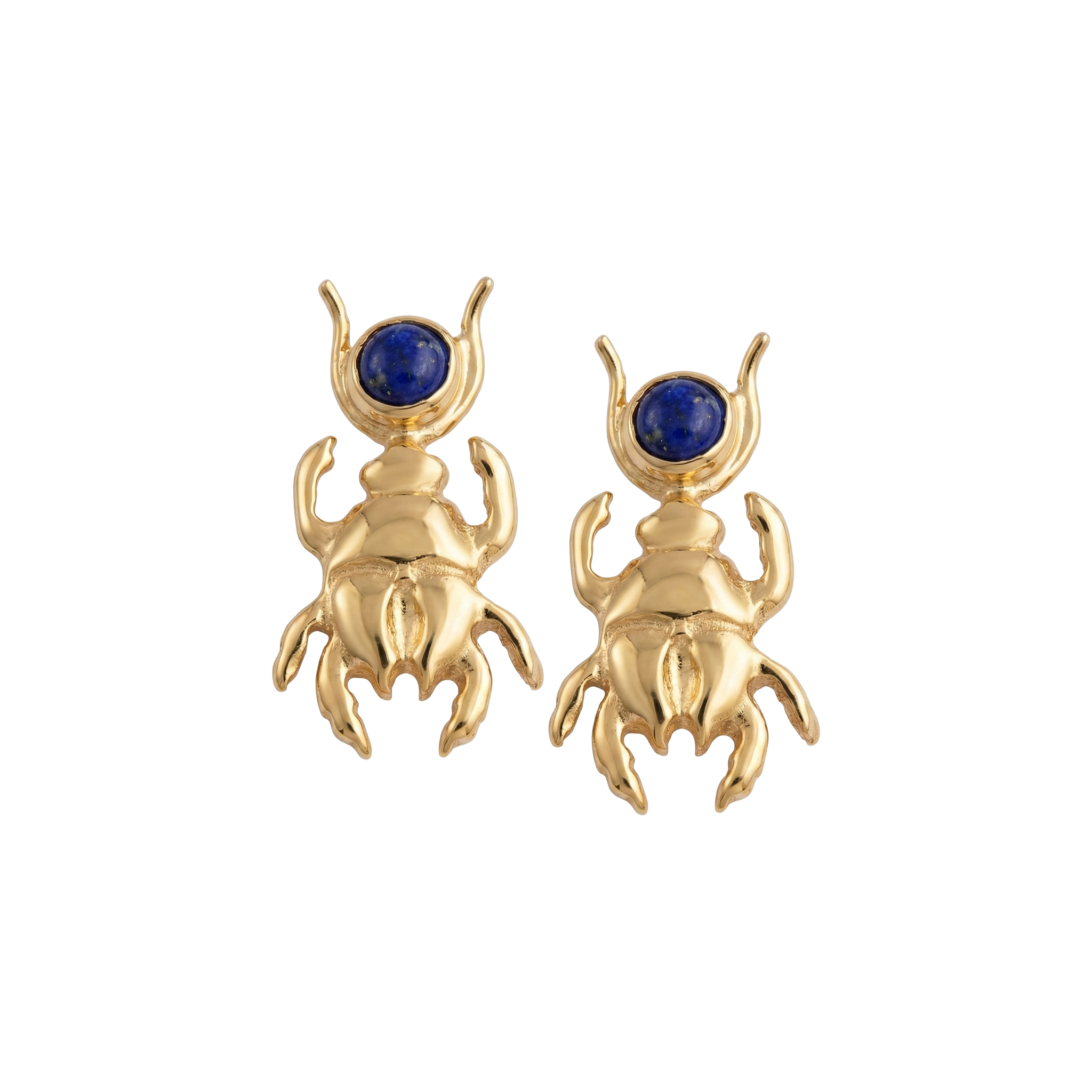 Pharaonic Collection, Big Scarab With Round Lapis Stones Earrings