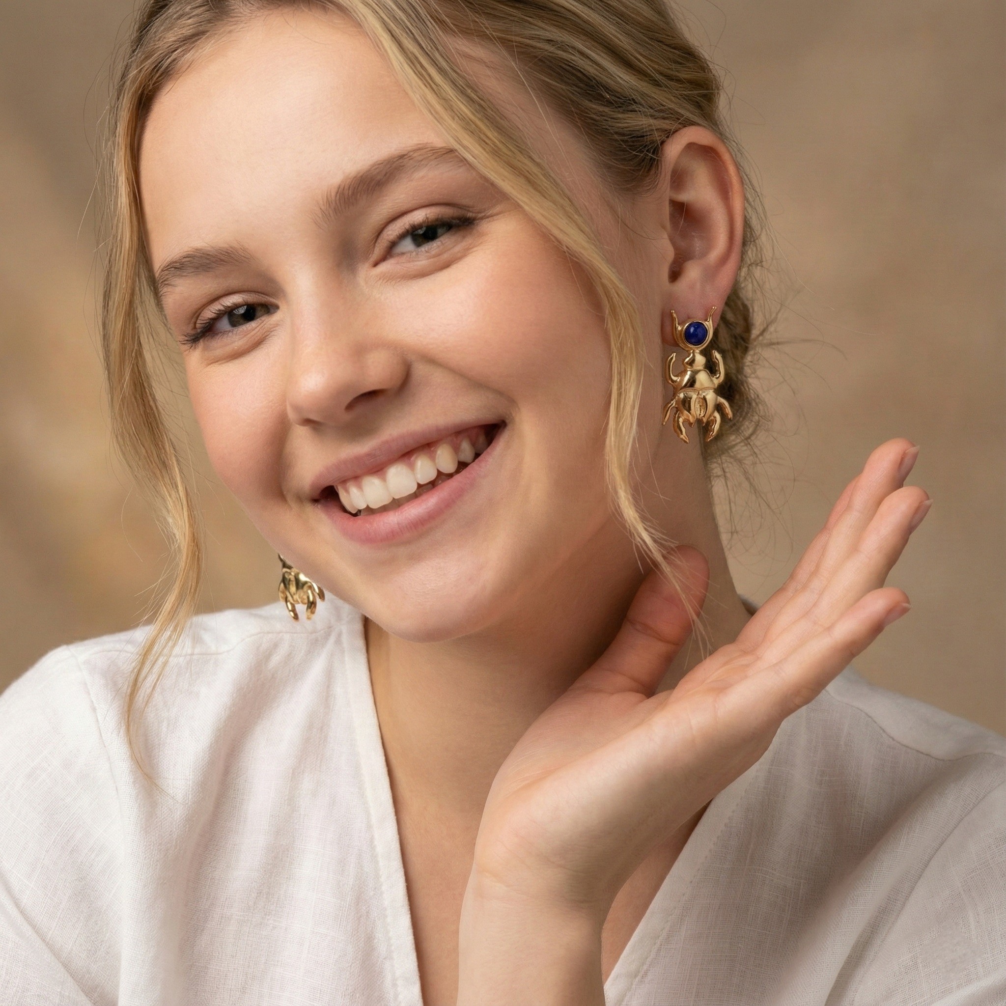 Pharaonic Collection, Big Scarab With Round Lapis Stones Earrings