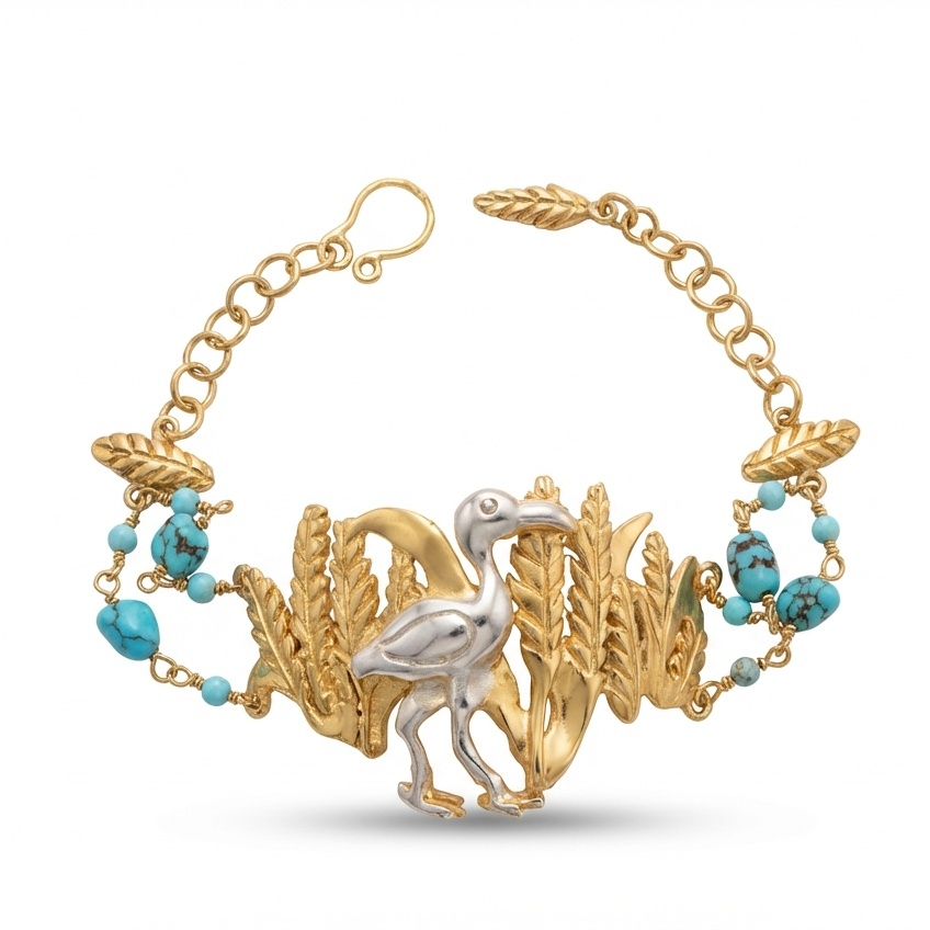Pharaonic Collection, Ibis Bird In The Wheat Field, With Turquoise Stone Bracelet